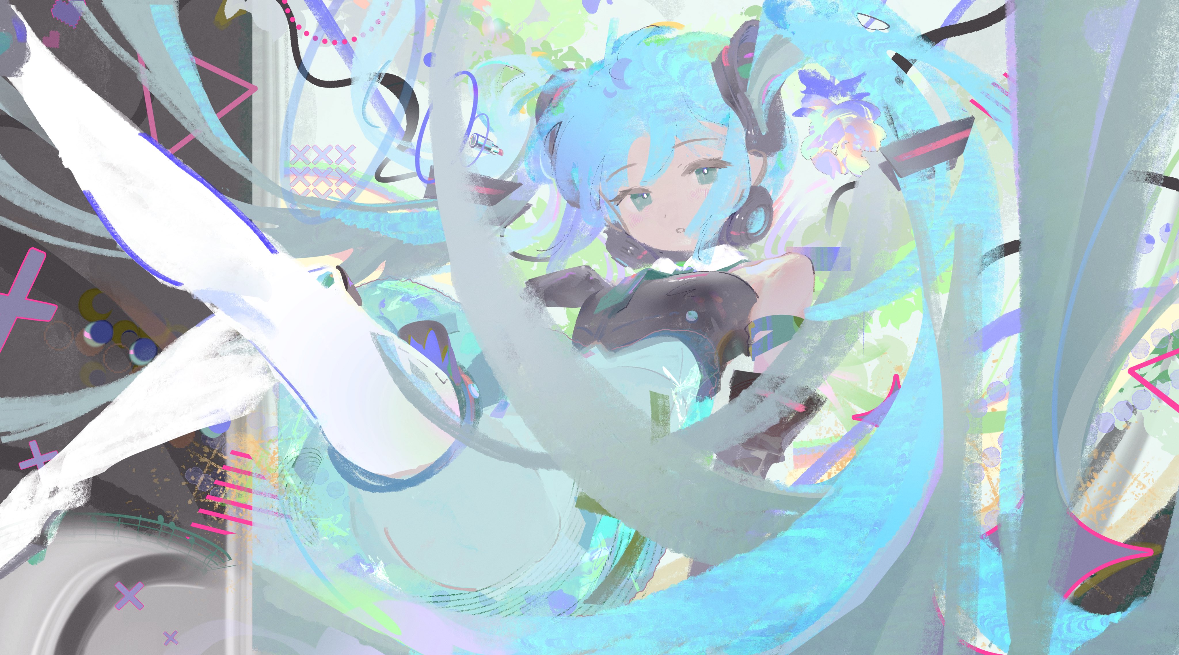 yaungpeng, hatsune miku, vocaloid, absurdres, highres, 1girl, abstract background, aqua eyes, aqua hair, bird, blue eyes, blue hair, boots, detached sleeves, floating hair, long hair, looking at viewer, parted lips, solo, thigh boots, thighhighs, twintails, very long hair