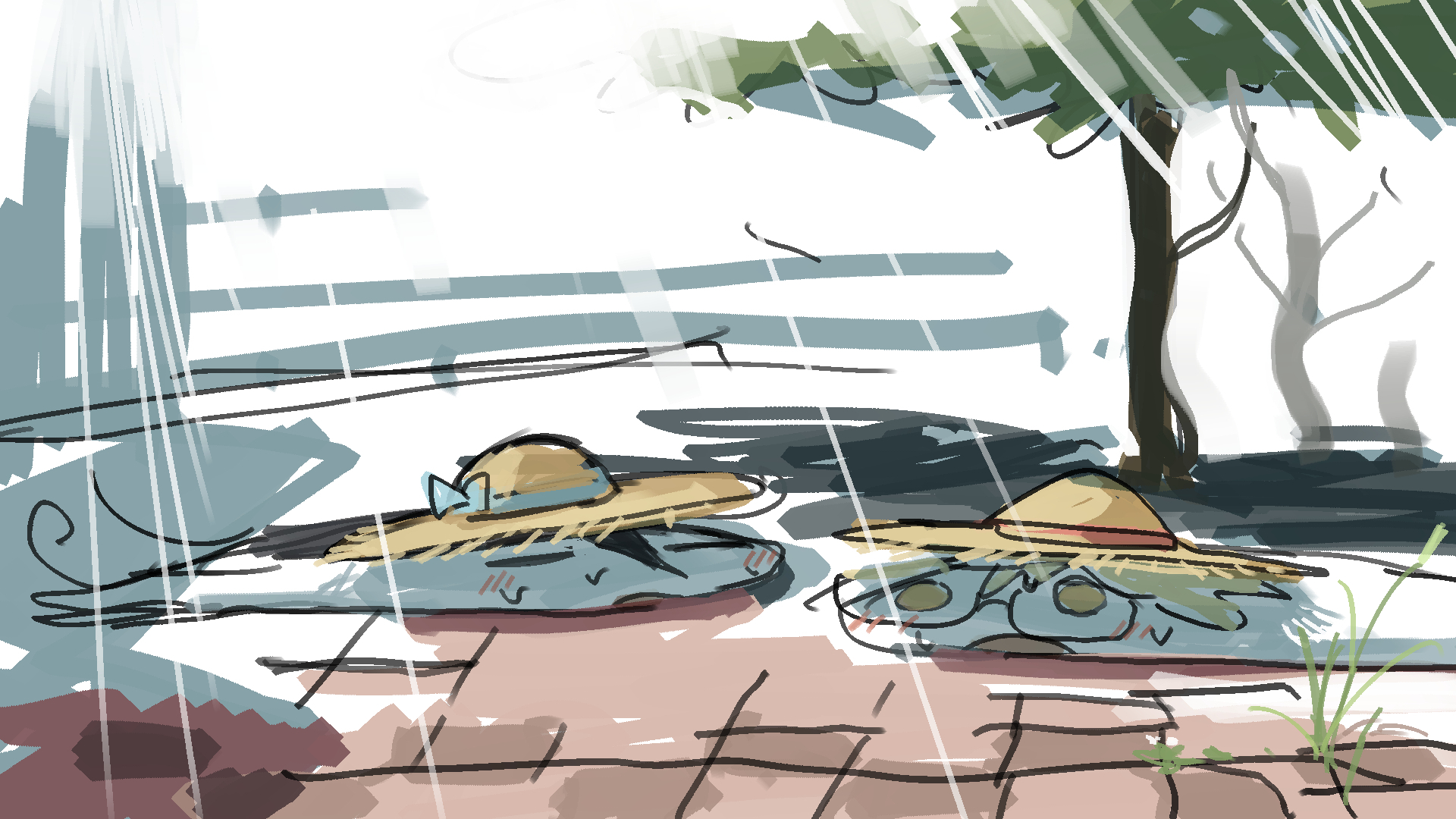 tsukumizu yuu, tsukishima shijima, yamashita majime, shimeji simulation, highres, 2girls, alternate form, animalization, black hair, blonde hair, blush, closed eyes, fish, glasses, hat, hot, light rays, multiple girls, on ground, outdoors, straw hat, sunbeam, sunlight, sweat, tree, yellow eyes