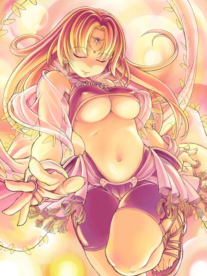 mil (xration), dancer (ragnarok online), ragnarok online, 1girl, blonde hair, breasts, brown hair, closed eyes, dancer, female focus, jewelry, long hair, lots of jewelry, midriff, navel, solo, underboob
