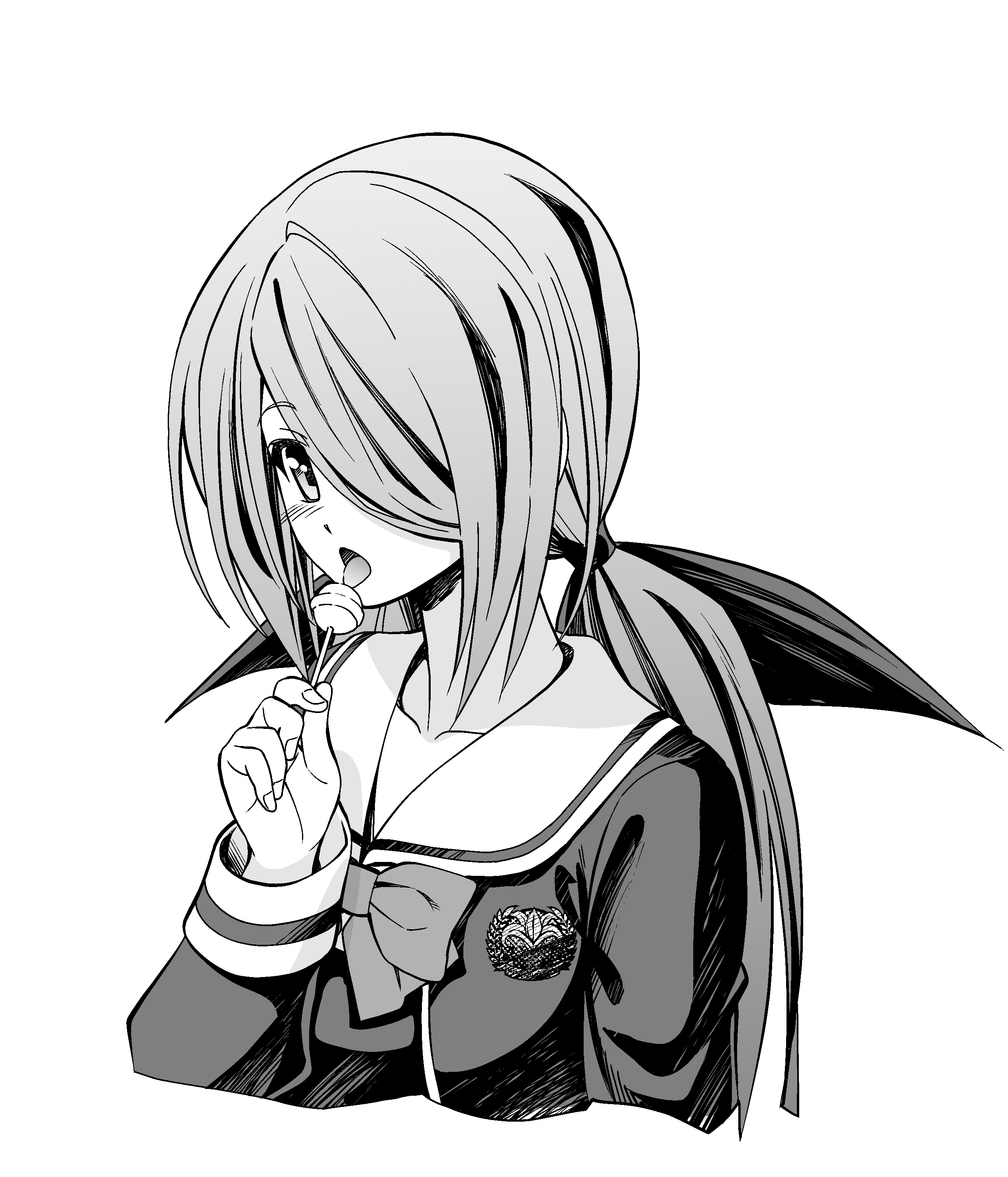 eibon, minamisawa senri, chaos;child, science adventure, absurdres, highres, 1girl, blush, candy, cropped jacket, food, greyscale, hair between eyes, hair over one eye, hekiho academy school uniform, holding, holding candy, holding food, holding lollipop, licking, lollipop, long hair, long sleeves, looking at viewer, monochrome, open mouth, sailor collar, school emblem, school uniform, simple background, solo, tongue, tongue out, upper body, white background
