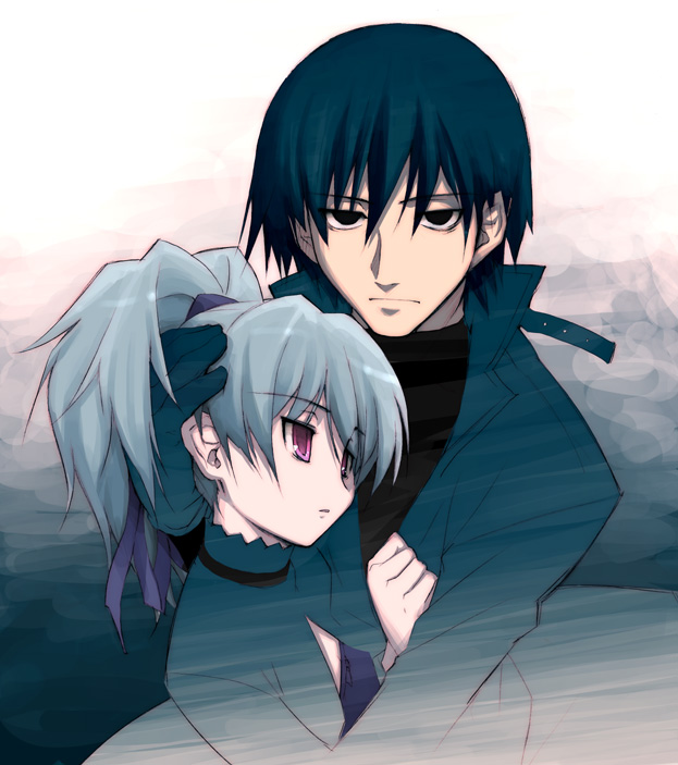 akata itsuki, hei (darker than black), yin (darker than black), darker than black, 00s, 1boy, 1girl, black eyes, black hair, couple, grey hair, hair ribbon, hand on another's head, hetero, hug, jacket, pink eyes, ponytail, ribbon, turtleneck