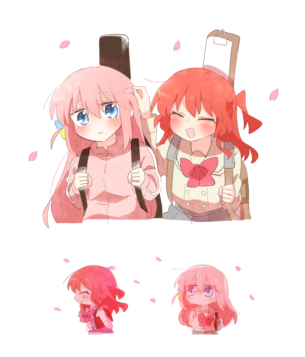 rebecca (keinelove), gotoh hitori, kita ikuyo, bocchi the rock!, commentary request, 2girls, blue eyes, blush, bow, bowtie, chibi, closed eyes, cube hair ornament, falling petals, guitar case, hair ornament, holding, holding petal, holding strap, instrument case, jacket, long hair, long sleeves, multiple girls, multiple views, one side up, open mouth, parted lips, petal on head, petals, pink hair, pink jacket, red bow, red bowtie, red hair, school uniform, simple background, white background