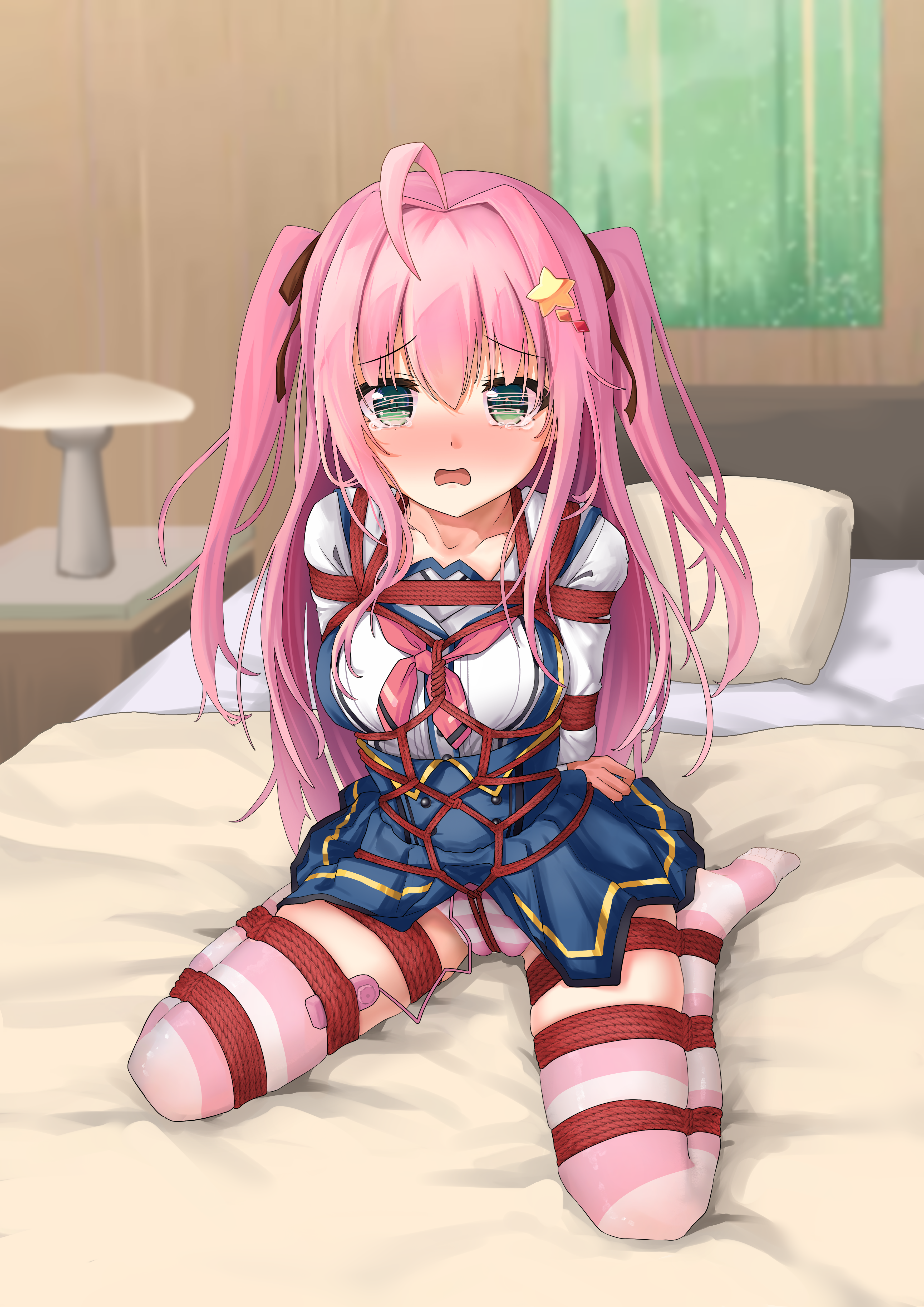 yato kukuru, select oblige, absurdres, chinese commentary, commentary request, commission, highres, second-party source, 1girl, ahoge, arms behind back, bdsm, black ribbon, blue skirt, blush, bondage, bound, bound arms, bound legs, bound torso, breasts, buttons, cameltoe, clothes lift, crotch rope, double-breasted, embarrassed, empty eyes, full body, furrowed brow, green eyes, hair between eyes, hair intakes, hair ornament, hair ribbon, high-waist skirt, indoors, large breasts, long hair, long sleeves, looking at viewer, neckerchief, no shoes, nose blush, on bed, open mouth, panties, pink hair, pink neckerchief, red rope, ribbon, rope, school uniform, sex toy, shibari, shibari over clothes, shirt, sidelocks, sitting, skindentation, skirt, skirt lift, solo, star (symbol), star hair ornament, straight hair, striped clothes, striped panties, suspender skirt, suspenders, tearing up, tears, thighhighs, thighs, two side up, underwear, very long hair, vibrator, vibrator cord, vibrator under clothes, vibrator under panties, wariza, wavy mouth, white shirt, yzeric, zettai ryouiki