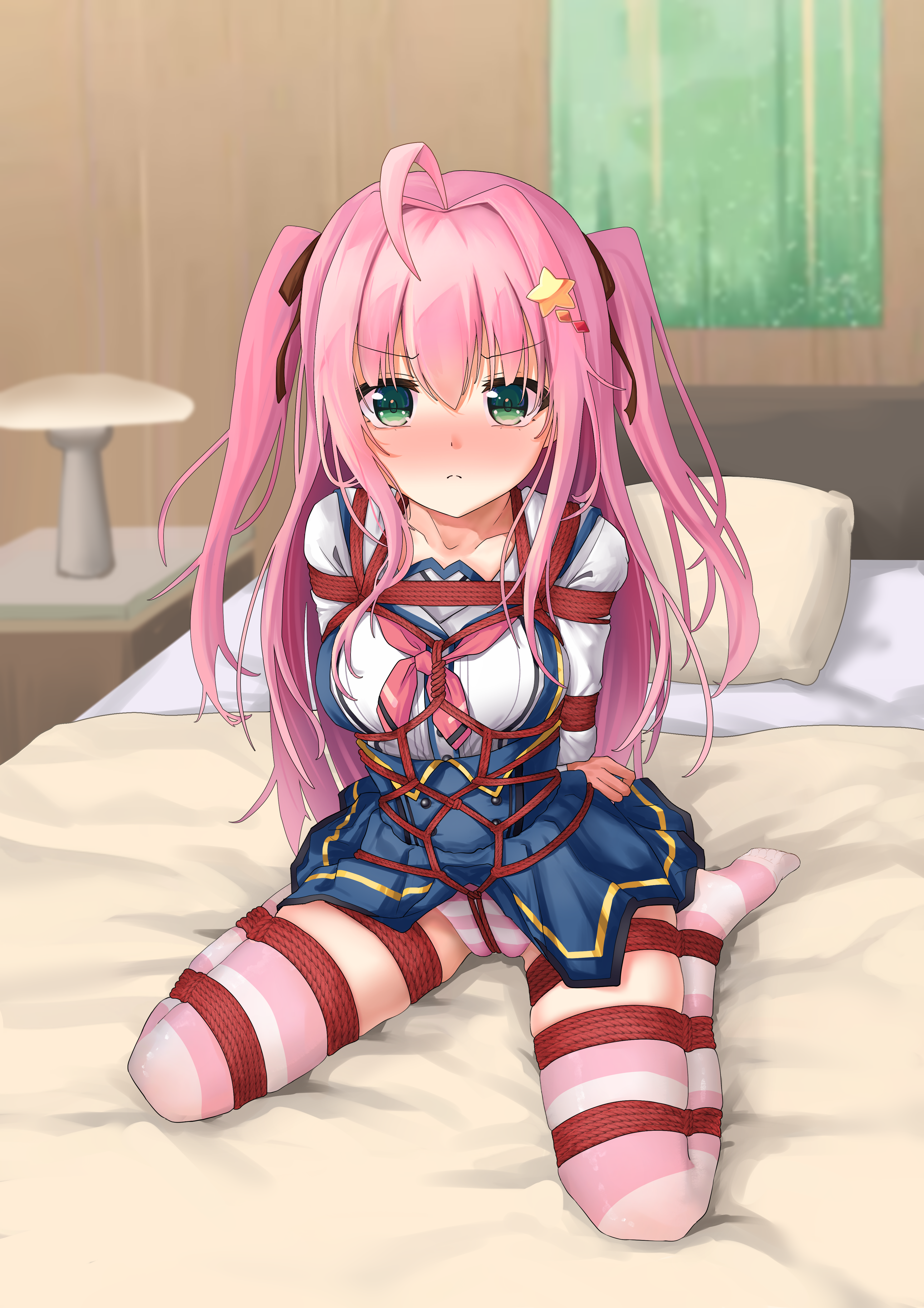 yato kukuru, select oblige, absurdres, chinese commentary, commentary request, commission, highres, second-party source, >:(, 1girl, ahoge, arms behind back, bdsm, black ribbon, blue skirt, blush, bondage, bound, bound arms, bound legs, bound torso, breasts, buttons, cameltoe, closed mouth, clothes lift, crotch rope, double-breasted, embarrassed, frown, full body, green eyes, hair between eyes, hair intakes, hair ornament, hair ribbon, high-waist skirt, indoors, large breasts, long hair, long sleeves, looking at viewer, neckerchief, no shoes, nose blush, on bed, panties, pink hair, pink neckerchief, red rope, ribbon, rope, school uniform, shibari, shibari over clothes, shirt, sidelocks, sitting, skindentation, skirt, skirt lift, solo, split mouth, star (symbol), star hair ornament, straight hair, striped clothes, striped panties, suspender skirt, suspenders, thighhighs, thighs, two side up, underwear, v-shaped eyebrows, very long hair, wariza, white shirt, yzeric, zettai ryouiki