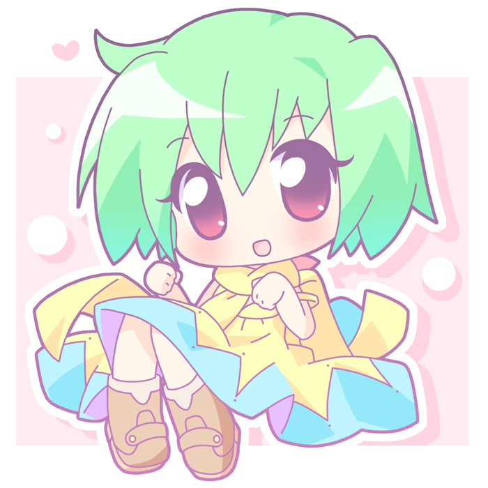 mirai (sugar), ranka lee, macross, macross frontier, 00s, 1girl, :d, blush, chibi, dress, female focus, green hair, looking at viewer, open mouth, scarf, short hair, sitting, smile, solo, tareme, yellow dress, yellow scarf