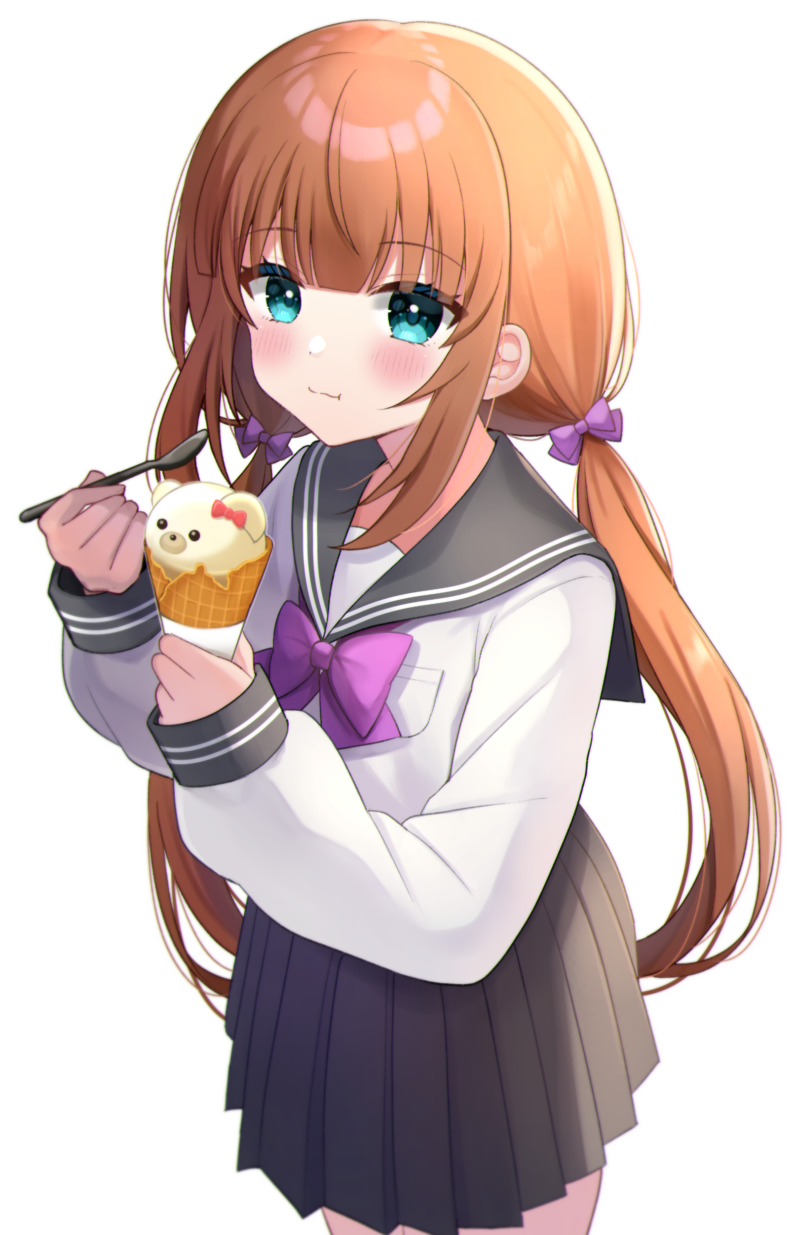 minami saki, yokaze yui, original, absurdres, commentary request, highres, revision, 1girl, black sailor collar, black skirt, blush, bow, bowtie, brown hair, closed mouth, cowboy shot, crepe, eating, food, green eyes, hair bow, holding, holding food, holding spoon, long hair, long sleeves, looking at viewer, low twintails, pleated skirt, purple bow, purple bowtie, sailor collar, shirt, simple background, skirt, solo, spoon, twintails, white background, white shirt