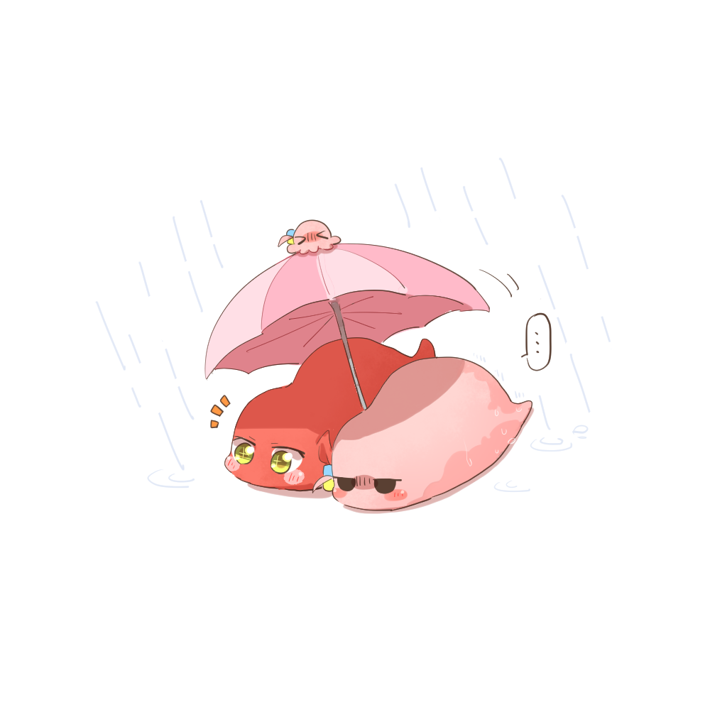 rebecca (keinelove), gotoh hitori, gotoh hitori (octopus), gotoh hitori (tsuchinoko), kita ikuyo, bocchi the rock!, commentary request, > <, …, antenna hair, cube hair ornament, hair ornament, holding, holding umbrella, jitome, no humans, rain, speech bubble, spoken ellipsis, umbrella, yellow eyes