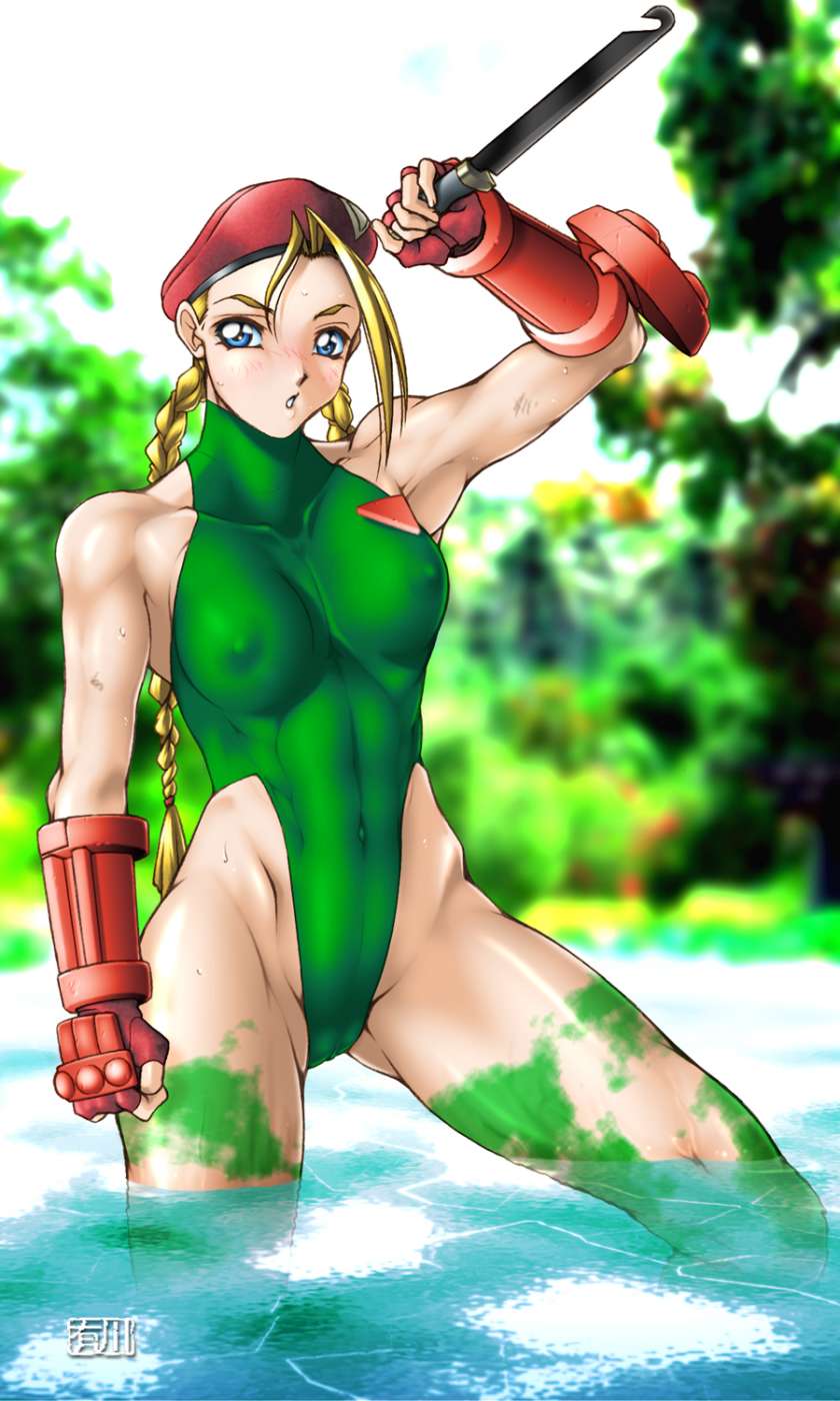 qkat (arikawa-dou), cammy white, capcom, street fighter, highres, beret, blonde hair, braid, covered erect nipples, hat, knife, leotard, twin braids