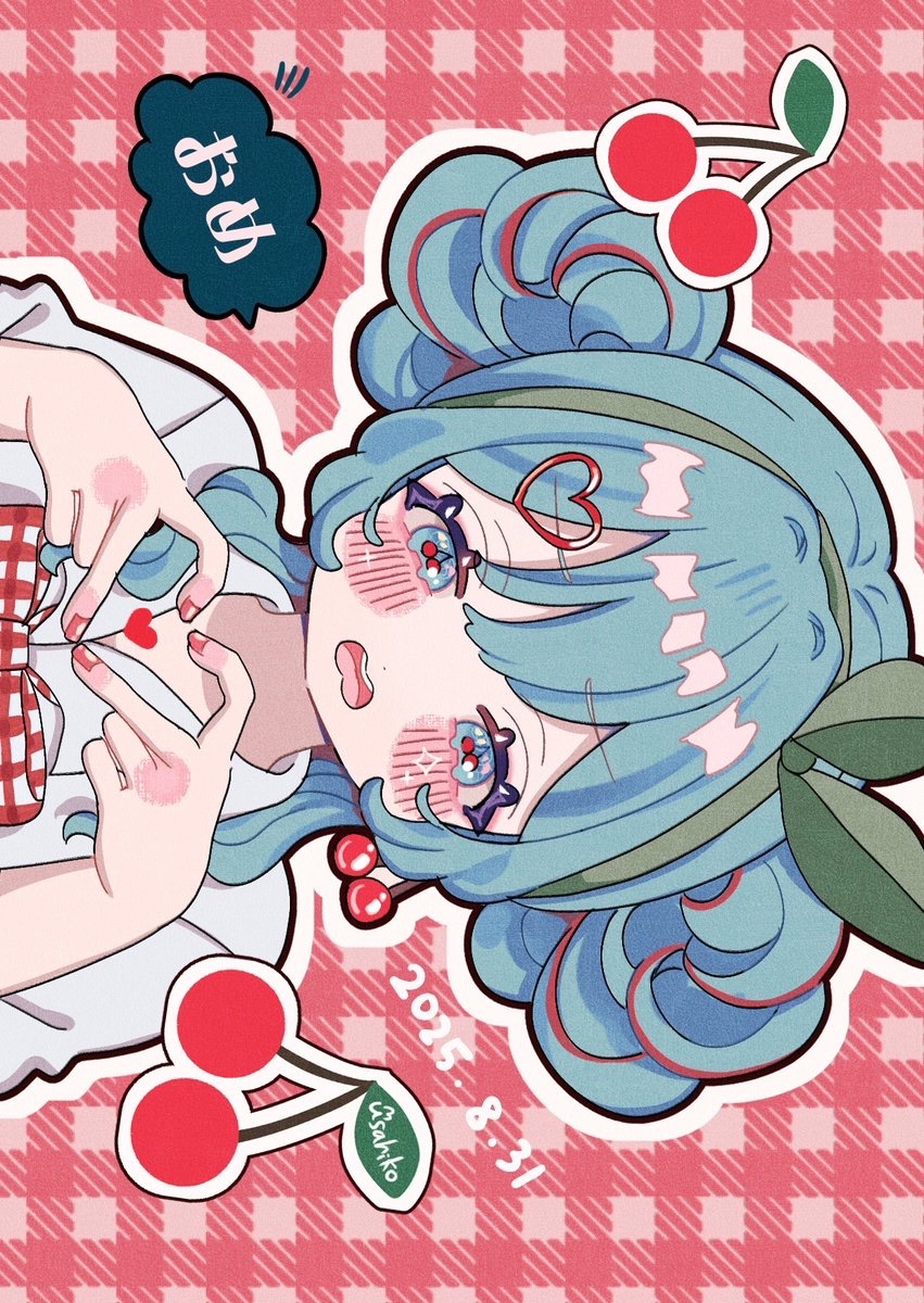 usahiko noe, hatsune miku, cherry pop (vocaloid), vocaloid, highres, 1girl, aqua eyes, blue eyes, blue hair, blush, bow, bowtie, cherry, cherry hair ornament, collared shirt, double bun, food, food-themed hair ornament, fruit, green hairband, hair bun, hair ornament, hairband, heart, heart hair ornament, heart hands, looking at viewer, multicolored hair, open mouth, pink nails, plaid background, plaid bow, plaid bowtie, plaid clothes, plaid ribbon, red bow, red bowtie, red nails, ribbon, shirt, sideways, solo, speech bubble, streaked hair, upper body, white shirt