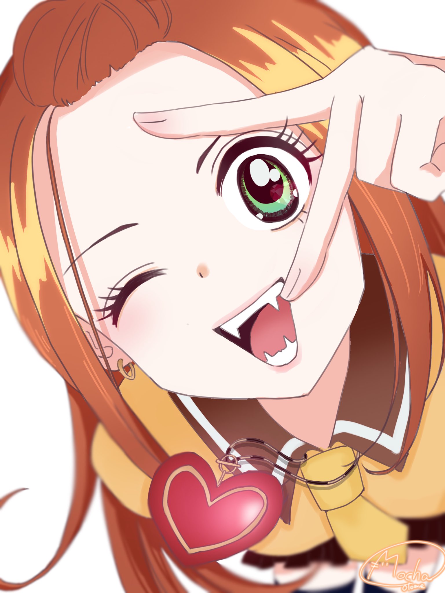 chocolat meilleure, sugar sugar rune, highres, 1girl, close-up, eyelashes, fangs, green eyes, heart pendant, long hair, necktie, orange hair, otomemocha, school uniform, simple background, skirt, solo, v, white background, yellow necktie