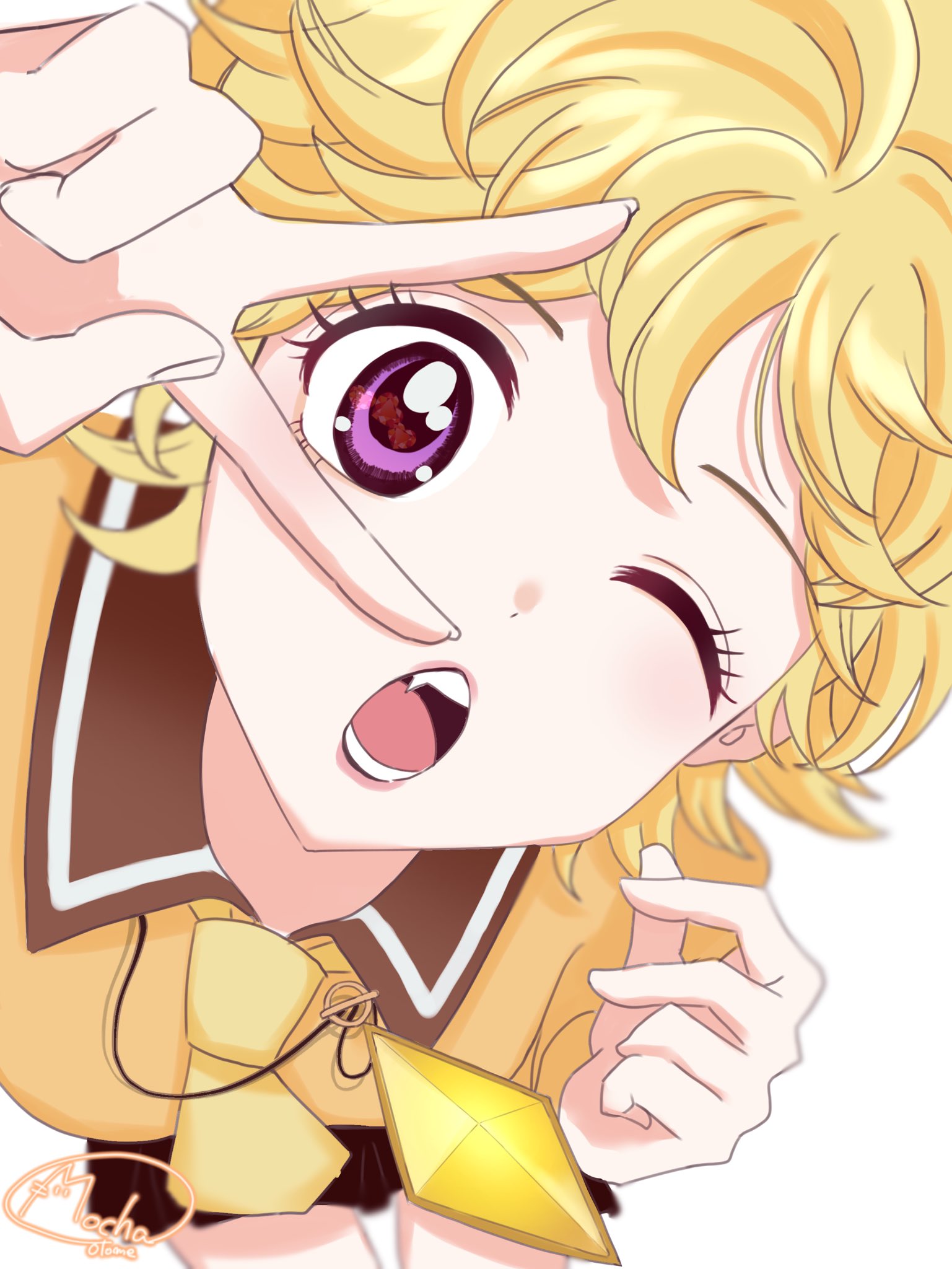 vanilla mieux, sugar sugar rune, commentary request, highres, 1girl, blonde hair, diamond (shape), eyelashes, looking at viewer, one eye closed, open mouth, otomemocha, school uniform, short hair, solo, v