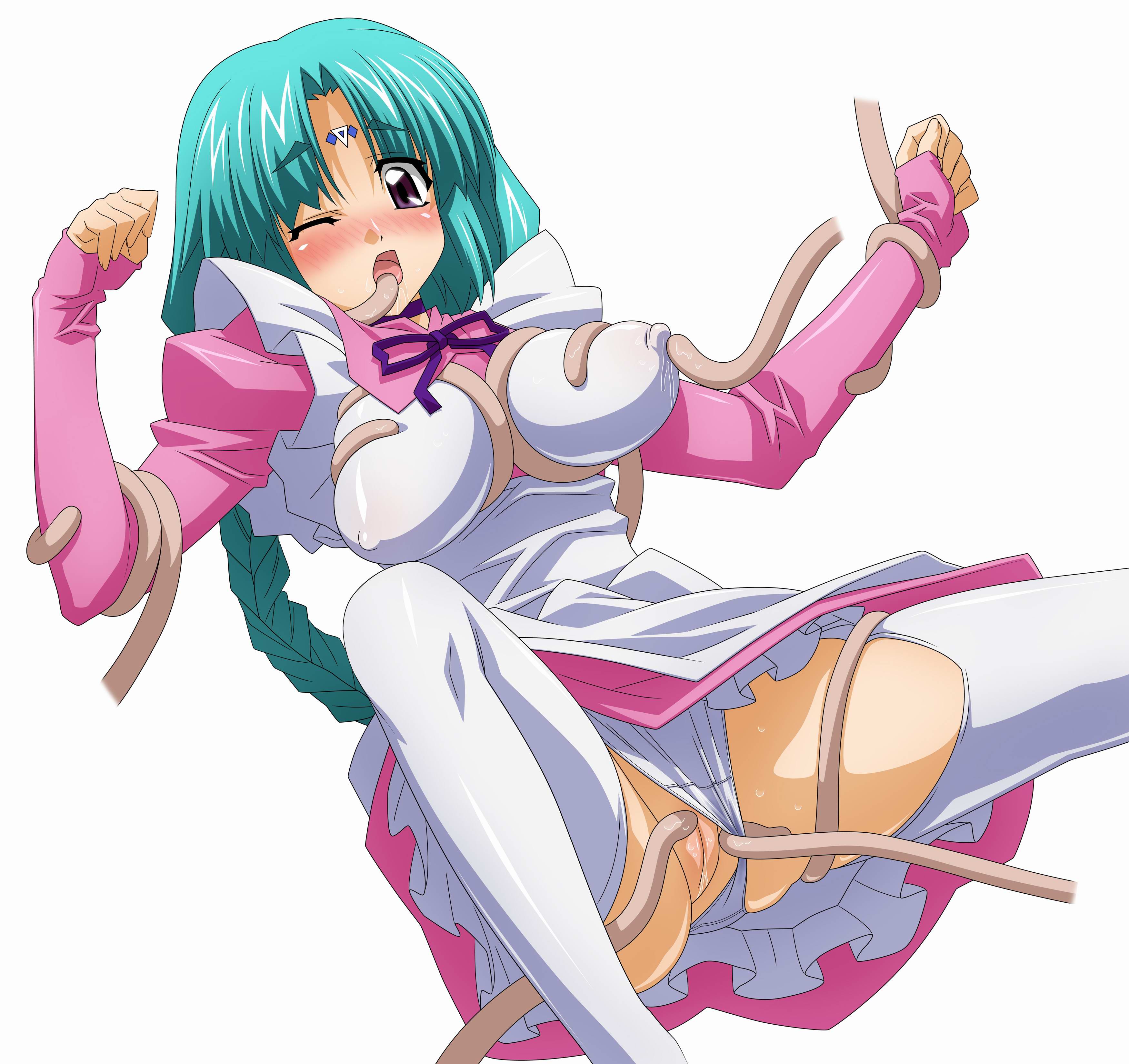 sugimura tomokazu, canal vorfeed, lost universe, absurdres, highres, 1990s (style), 1girl, braid, breasts, cleft of venus, clothing aside, covered erect nipples, female focus, garter belt, grabbing another's breast, groping, large breasts, one eye closed, panties, panties aside, panty pull, pussy, pussy juice, retro artstyle, simple background, solo, tentacles, thighhighs, twin braids, uncensored, underwear, wet, wet clothes, wet panties, white background, white panties, wink