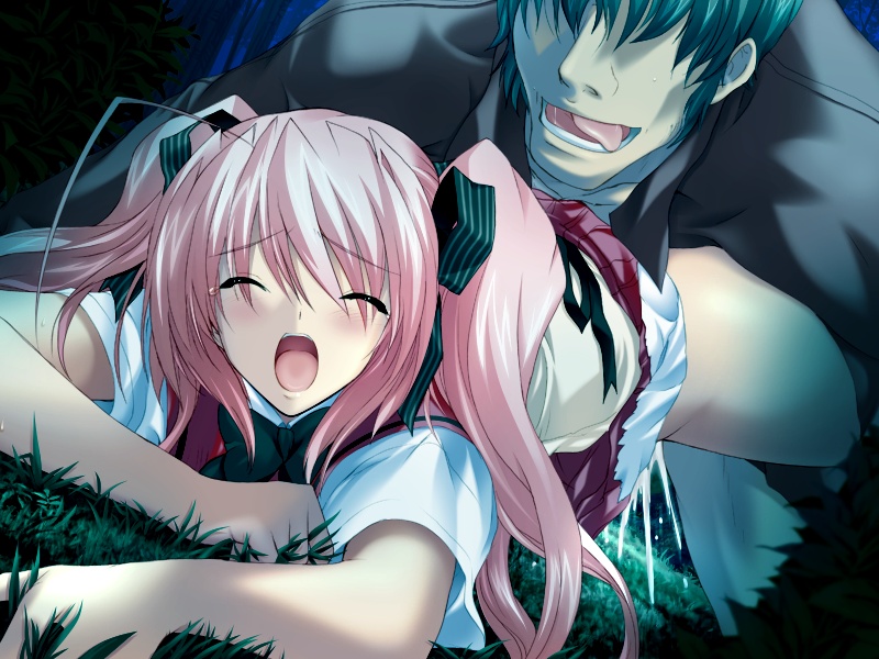 onigirikun, shihoudou narika, choukou (alicesoft), choukou sennin haruka, game cg, 00s, 1boy, 1girl, blush, closed eyes, cum, from behind, hetero, open mouth, outdoors, pink hair, rape, school uniform, screaming, serafuku, sex, twintails