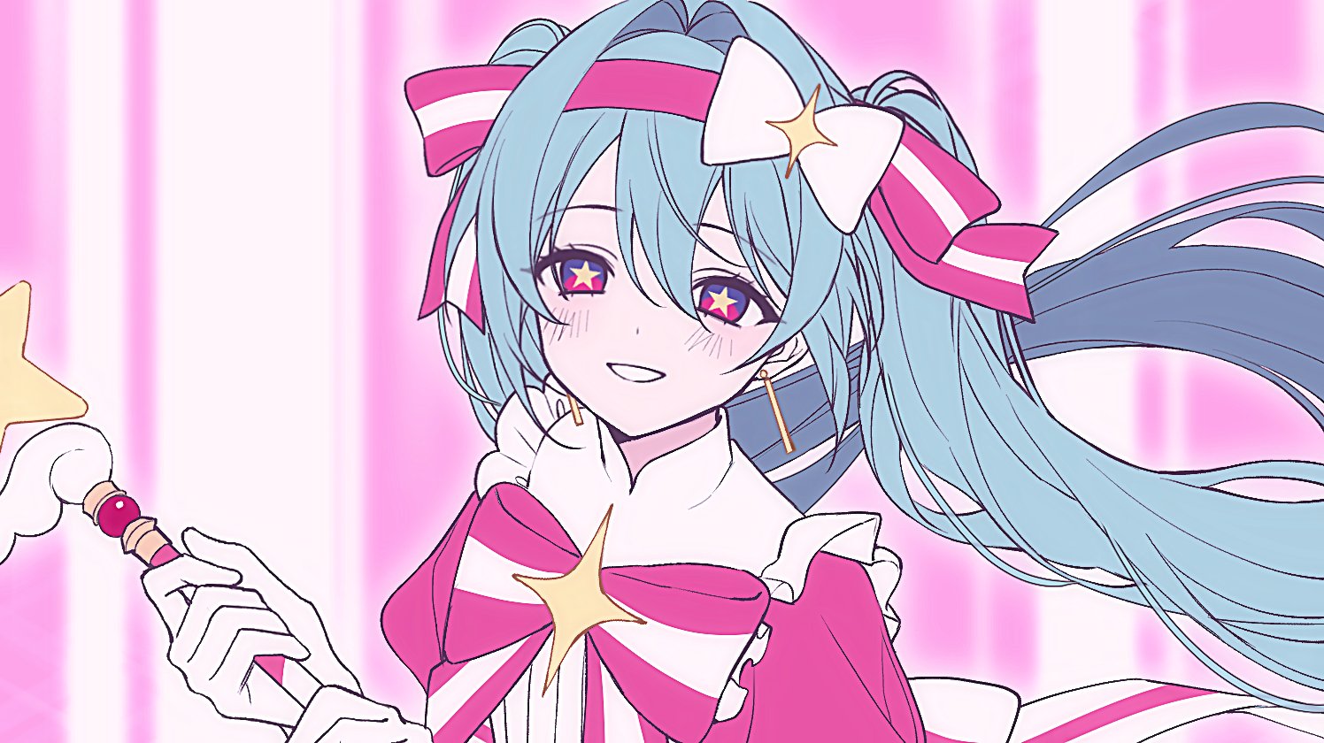 hatsune miku, vocaloid, 1girl, blue hair, blush, bow, bowtie, dress, earrings, frills, gloves, grin, hair between eyes, hair bow, hairband, holding, holding wand, ima sugu rinne (vocaloid), jewelry, long hair, looking at viewer, nnapeu, pink background, pink bow, pink dress, pink eyes, puffy sleeves, smile, solo, star (symbol), symbol-shaped pupils, twintails, upper body, wand, white bow, white gloves