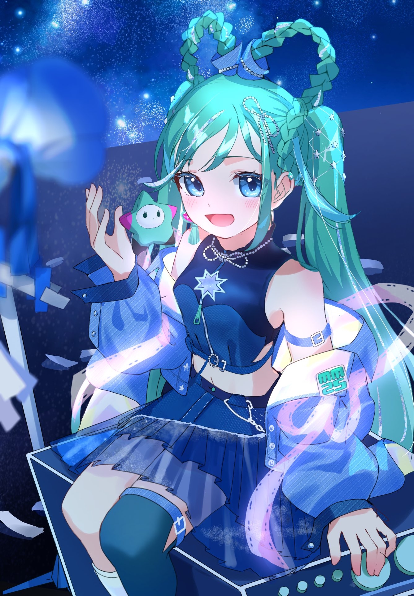 yana (gsgk0jxuweehcss), hatsune miku, magical mirai miku, magical mirai miku (2025), magical mirai (vocaloid), vocaloid, highres, 1girl, aqua hair, blue eyes, blue jacket, blue skirt, blue thighhighs, blush, braid, braided hair rings, breasts, hair rings, jacket, looking at viewer, medium breasts, midriff, navel, official alternate costume, official alternate hairstyle, open clothes, open jacket, open mouth, shirt, single thighhigh, skirt, sleeveless, sleeveless shirt, smile, solo, stomach, thighhighs