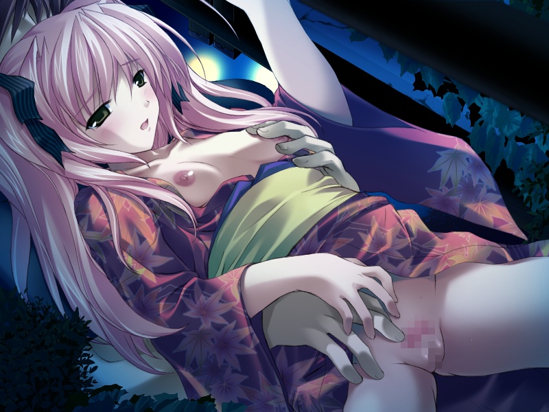 onigirikun, shihoudou narika, choukou (alicesoft), choukou sennin haruka, game cg, 00s, 1girl, blush, breasts, censored, female focus, flat chest, green eyes, japanese clothes, kimono, mosaic censoring, nipples, no bra, no panties, open clothes, open kimono, open shirt, outdoors, pink hair, pussy, shirt, solo, twintails