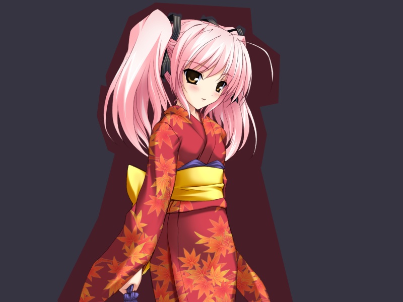 onigirikun, shihoudou narika, choukou (alicesoft), choukou sennin haruka, game cg, 00s, 1girl, blush, female focus, japanese clothes, kimono, pink hair, simple background, solo, twintails