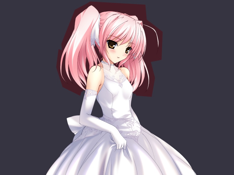 onigirikun, shihoudou narika, choukou (alicesoft), choukou sennin haruka, game cg, 00s, 1girl, blush, bride, dress, elbow gloves, female focus, gloves, pink hair, simple background, solo, twintails, wedding dress