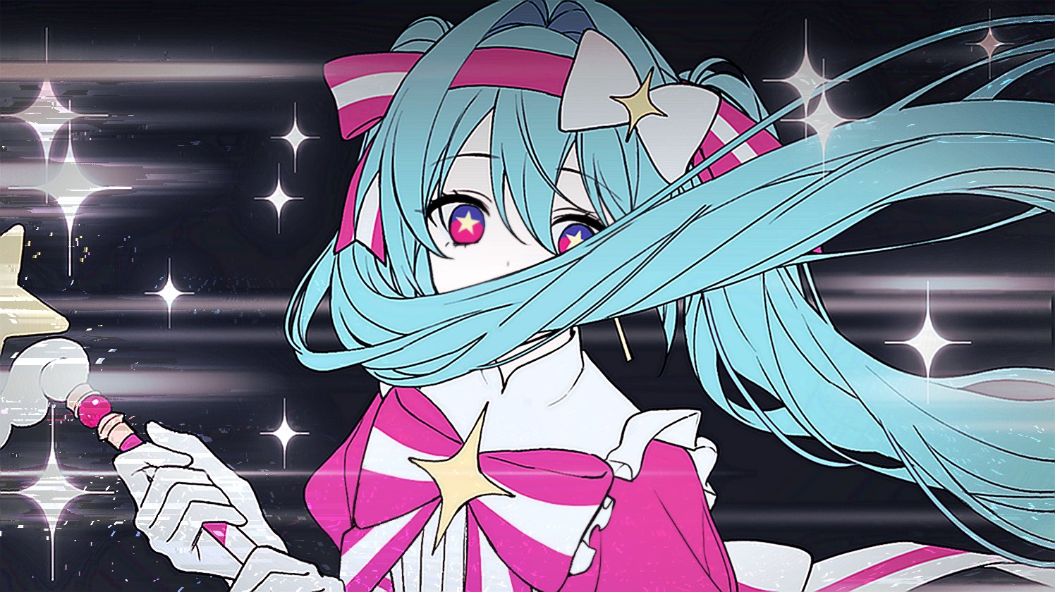 hatsune miku, vocaloid, 1girl, aqua hair, blue eyes, blue hair, bow, bowtie, dress, earrings, floating hair, frills, gloves, hair between eyes, hair bow, hair intakes, hairband, holding, holding wand, ima sugu rinne (vocaloid), jewelry, long hair, looking at viewer, nnapeu, pink bow, pink dress, pink eyes, puffy sleeves, solo, sparkle, star (symbol), striped bow, twintails, upper body, very long hair, wand, white gloves