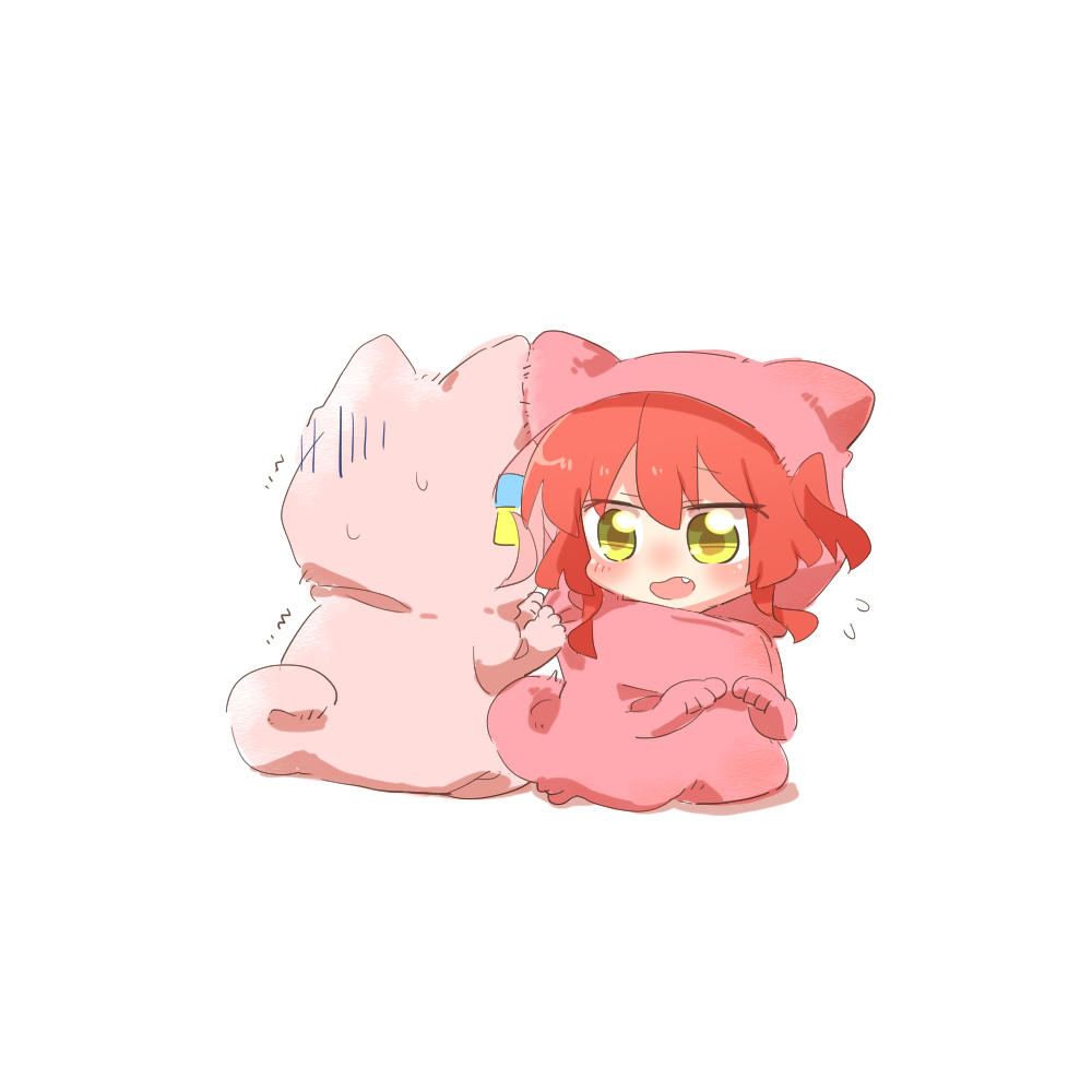 rebecca (keinelove), gotoh hitori, kita ikuyo, bocchi the rock!, commentary request, 2girls, animal costume, blush, cat costume, chibi, chibi only, cube hair ornament, fang, flying sweatdrops, full body, hair ornament, long hair, multiple girls, one side up, open mouth, red hair, yellow eyes