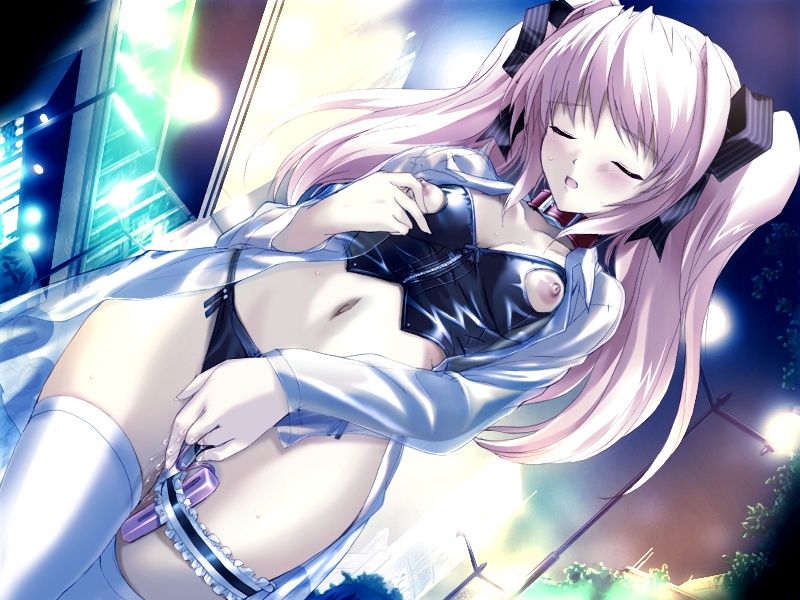 onigirikun, shihoudou narika, choukou (alicesoft), choukou sennin haruka, game cg, 00s, 1girl, black panties, blouse, blush, breasts, closed eyes, clothed masturbation, dutch angle, exhibitionism, female focus, female masturbation, flat chest, grabbing own flat chest, leather, long hair, masturbation, masturbation through clothes, midriff, navel, nipple stimulation, nipple tweak, nippleless clothes, nipples, nude, open clothes, open shirt, outdoors, panties, pink hair, public indecency, public masturbation, public vibrator, pussy juice, remote control vibrator, ribbon, see-through clothes, sex toy, shirt, solo, standing, sweat, thighhighs, twintails, underwear, vibrator, white shirt, white thighhighs