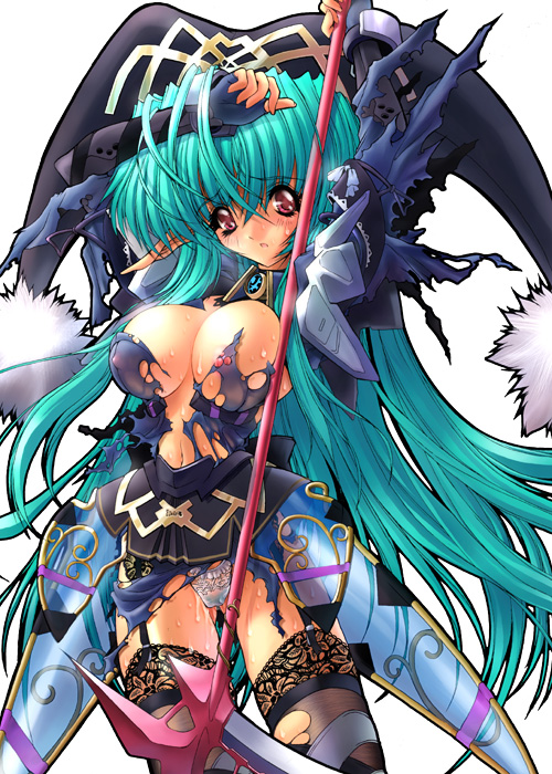 miwa yoshikazu, fonewearl, phantasy star, phantasy star online, 1girl, aqua hair, black hat, breasts, female focus, fingerless gloves, gloves, green hair, hat, large breasts, long sleeves, looking at viewer, nipple slip, nipples, panties, pointy ears, pussy juice, red eyes, revealing clothes, scythe, simple background, solo, standing, sweat, thighhighs, torn clothes, underwear, white background