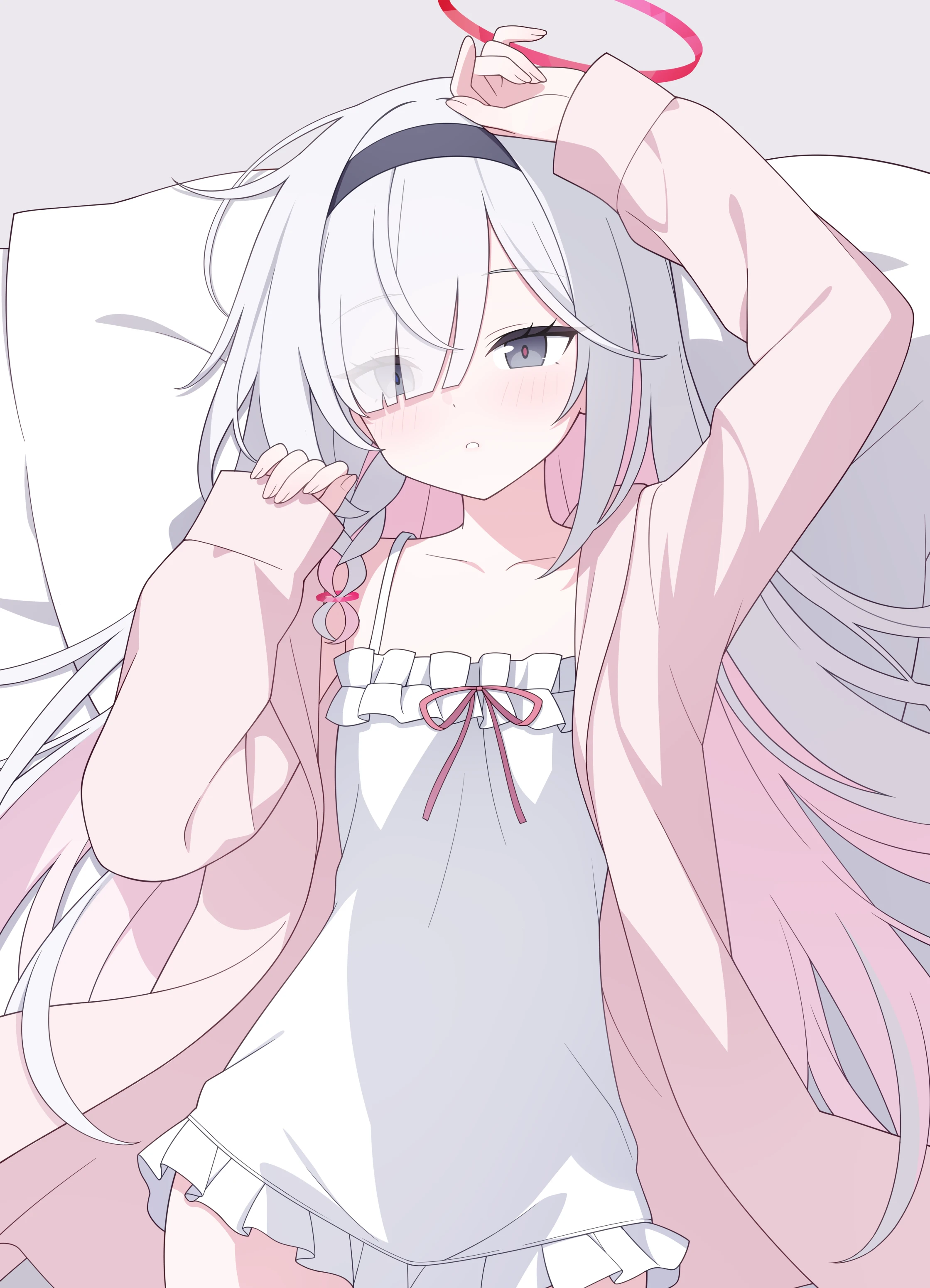 jyt, plana (blue archive), blue archive, absurdres, chinese commentary, highres, making-of available, 1girl, arm up, bed sheet, blue pupils, blush, braid, bright pupils, collarbone, colored inner hair, cowboy shot, curled fingers, eyes visible through hair, flat chest, frilled nightgown, frills, grey eyes, grey hair, hair ornament, hair over one eye, halo, hand up, head on pillow, jacket, long hair, looking at viewer, lying, mismatched pupils, multicolored hair, nightgown, on back, on bed, open clothes, open jacket, pajamas, parted lips, pillow, pink hair, pink jacket, pink pupils, pink ribbon, red halo, ribbon, single braid, sleeves past wrists, solo, spaghetti strap, two-tone hair, very long hair, white mouth, white nightgown
