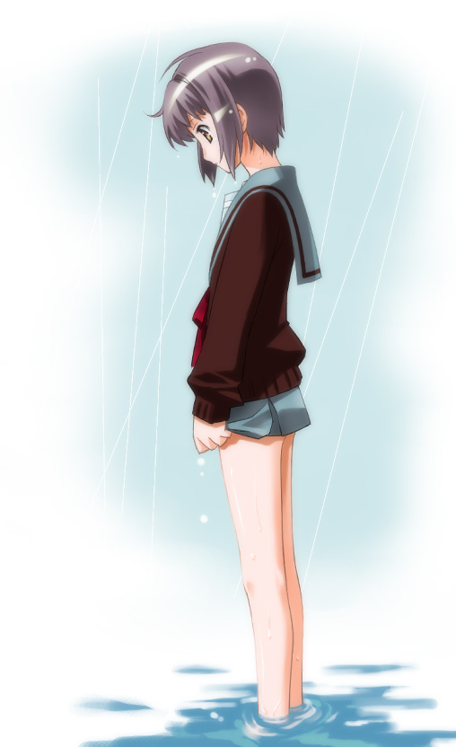 umekichi, nagato yuki, suzumiya haruhi no yuuutsu, 00s, rain, school uniform, serafuku, short hair, solo, wading, water
