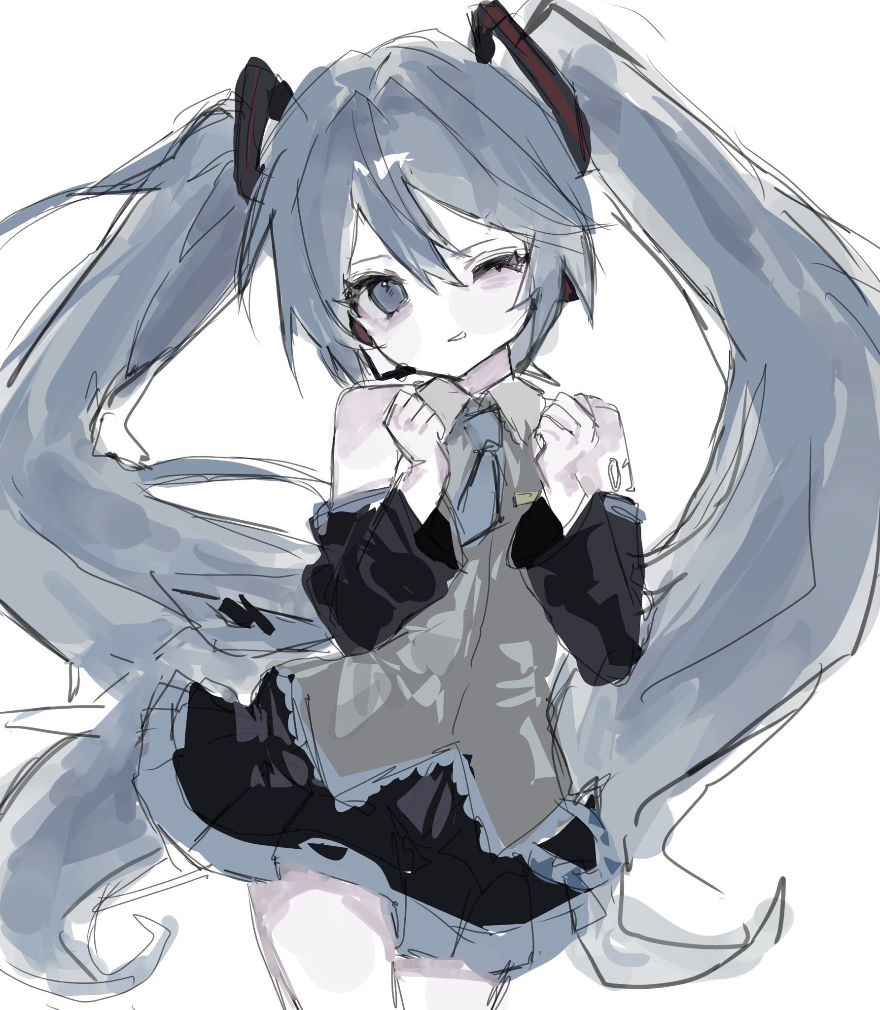 kitty 17a, hatsune miku, vocaloid, highres, 1girl, aqua necktie, bare shoulders, black skirt, black sleeves, blue eyes, blue hair, blue necktie, clenched hands, collared shirt, cowboy shot, detached sleeves, grey shirt, hair between eyes, hair ornament, hands up, long hair, looking at viewer, miniskirt, necktie, one eye closed, parted lips, pleated skirt, shirt, simple background, sketch, skirt, sleeveless, sleeveless shirt, solo, twintails, very long hair, white background