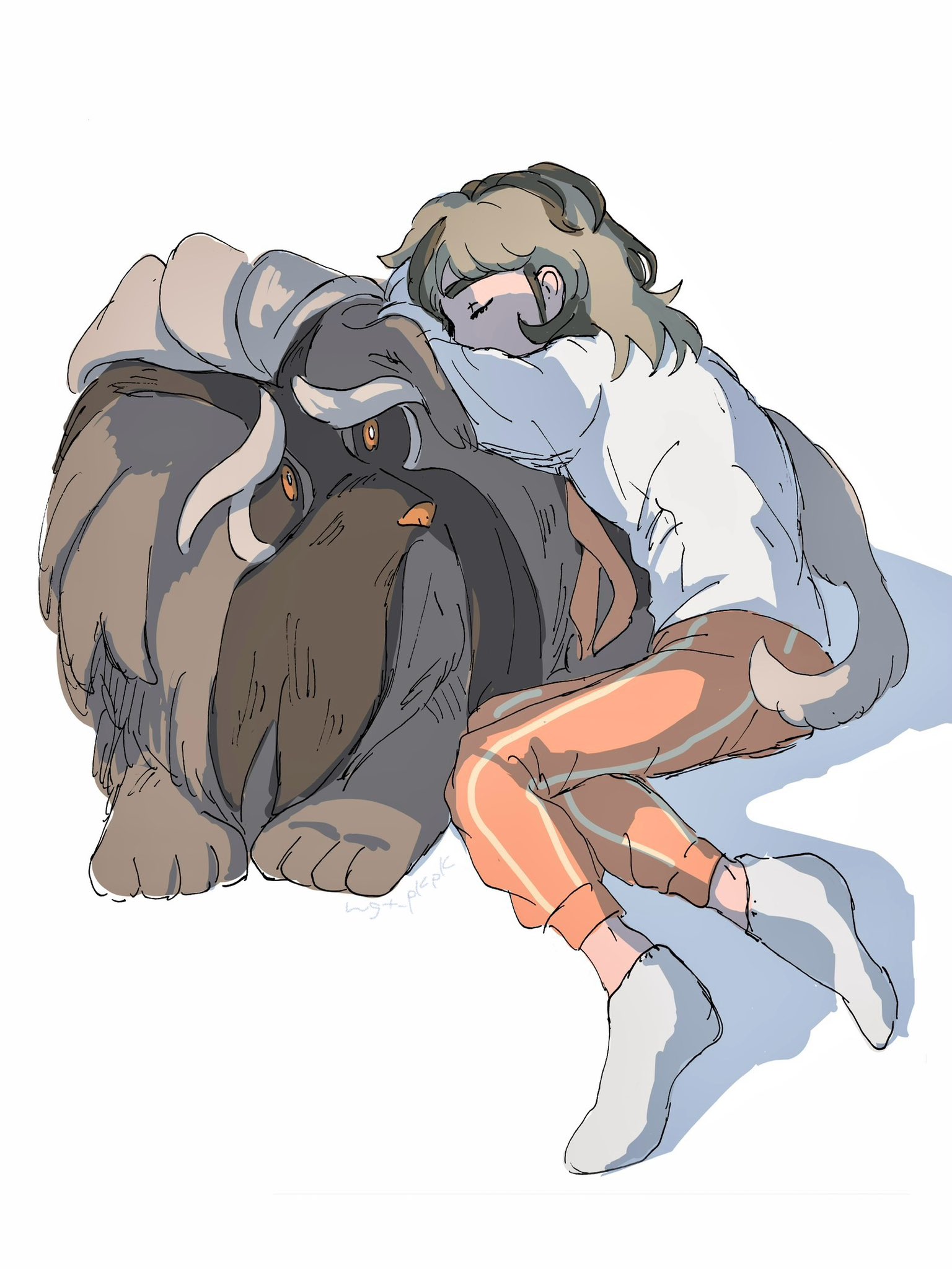 arven (pokemon), mabosstiff, nintendo, pokemon, pokemon sv, commentary request, highres, 1boy, brown fur, brown hair, long sleeves, looking at another, lying, lying on another, male focus, medium hair, multicolored hair, naranja academy school uniform, ngt pkpk, on side, orange pants, pants, pokemon (creature), school uniform, shirt, simple background, socks, streaked hair, striped clothes, striped pants, white background, white shirt, white socks
