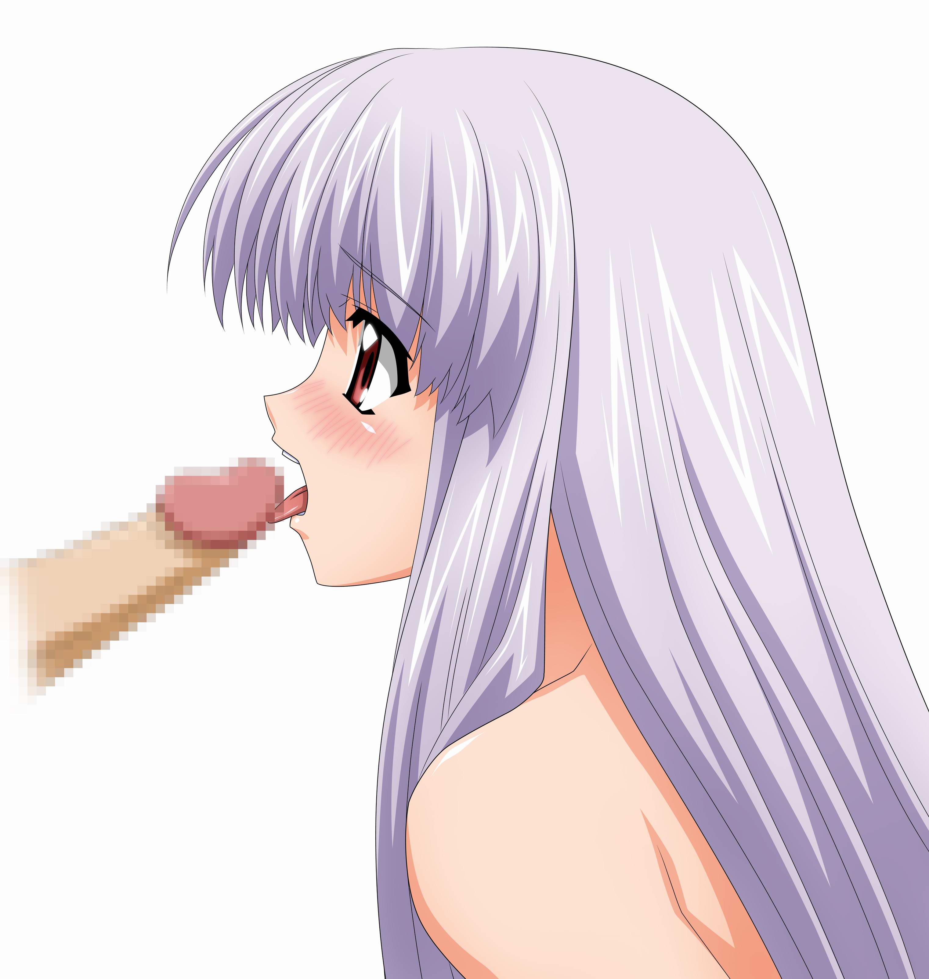 sugimura tomokazu, azmaria hendric, chrno crusade, silver hair, absurdres, highres, 1girl, blush, censored, fellatio, long hair, oral, penis, red eyes, solo focus, tongue