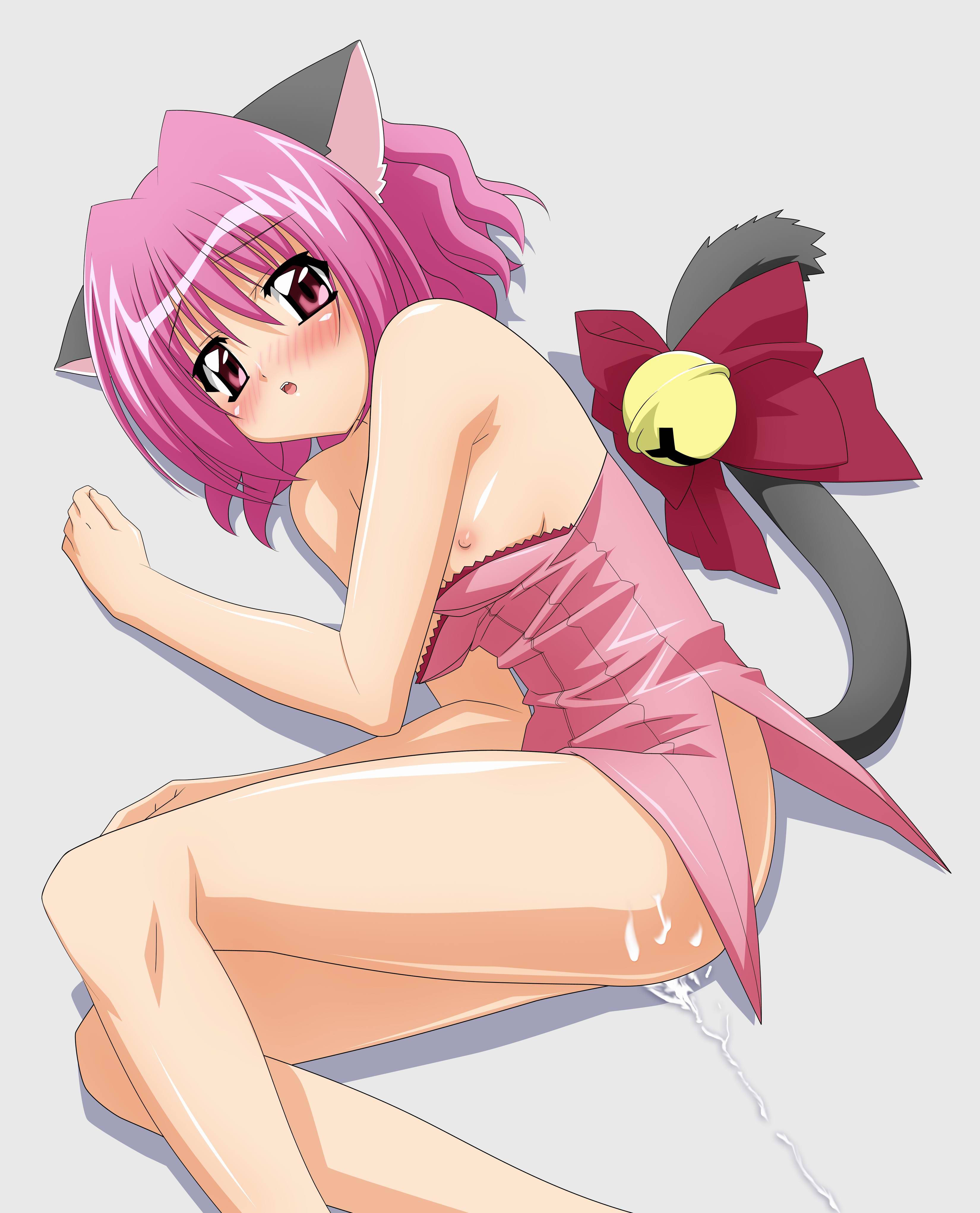sugimura tomokazu, mew ichigo, momomiya ichigo, tokyo mew mew, absurdres, highres, 00s, 1girl, aftersex, animal ears, bell, blush, bow, breasts, cat ears, cat tail, clothed sex, cum, cum in pussy, cumdrip, female focus, leotard, magical girl, nipples, pink hair, short hair, small breasts, solo, tail, tail bell, tail bow, tail ornament