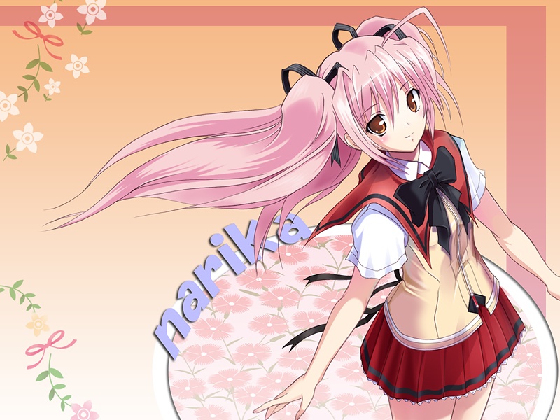 shihoudou narika, choukou (alicesoft), choukou sennin haruka, 00s, 1girl, ahoge, blush, bow, bowtie, female focus, flat chest, flower, hair ribbon, long hair, orange eyes, outstretched arms, pink hair, pleated skirt, ribbon, school uniform, serafuku, skirt, smile, solo, spread arms, standing, twintails, wind