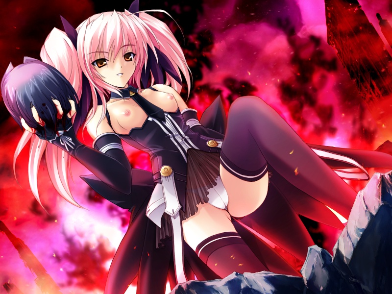 onigirikun, shihoudou narika, choukou (alicesoft), choukou sennin haruka, game cg, 00s, 1girl, blood, breasts, decapitation, elbow gloves, female focus, flat chest, gloves, guro, necktie, ninja, nipples, panties, pink hair, severed head, small breasts, solo, thighhighs, topless female, twintails, underwear, white panties, zettai ryouiki