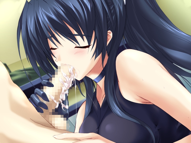 onigirikun, subaru (choukou sennin haruka), choukou (alicesoft), choukou sennin haruka, game cg, 00s, 1girl, blue hair, blush, censored, choker, closed eyes, clothed female nude male, cum, cum in mouth, cum string, fellatio, gloves, long hair, mosaic censoring, nude, oral, penis, ponytail, solo focus