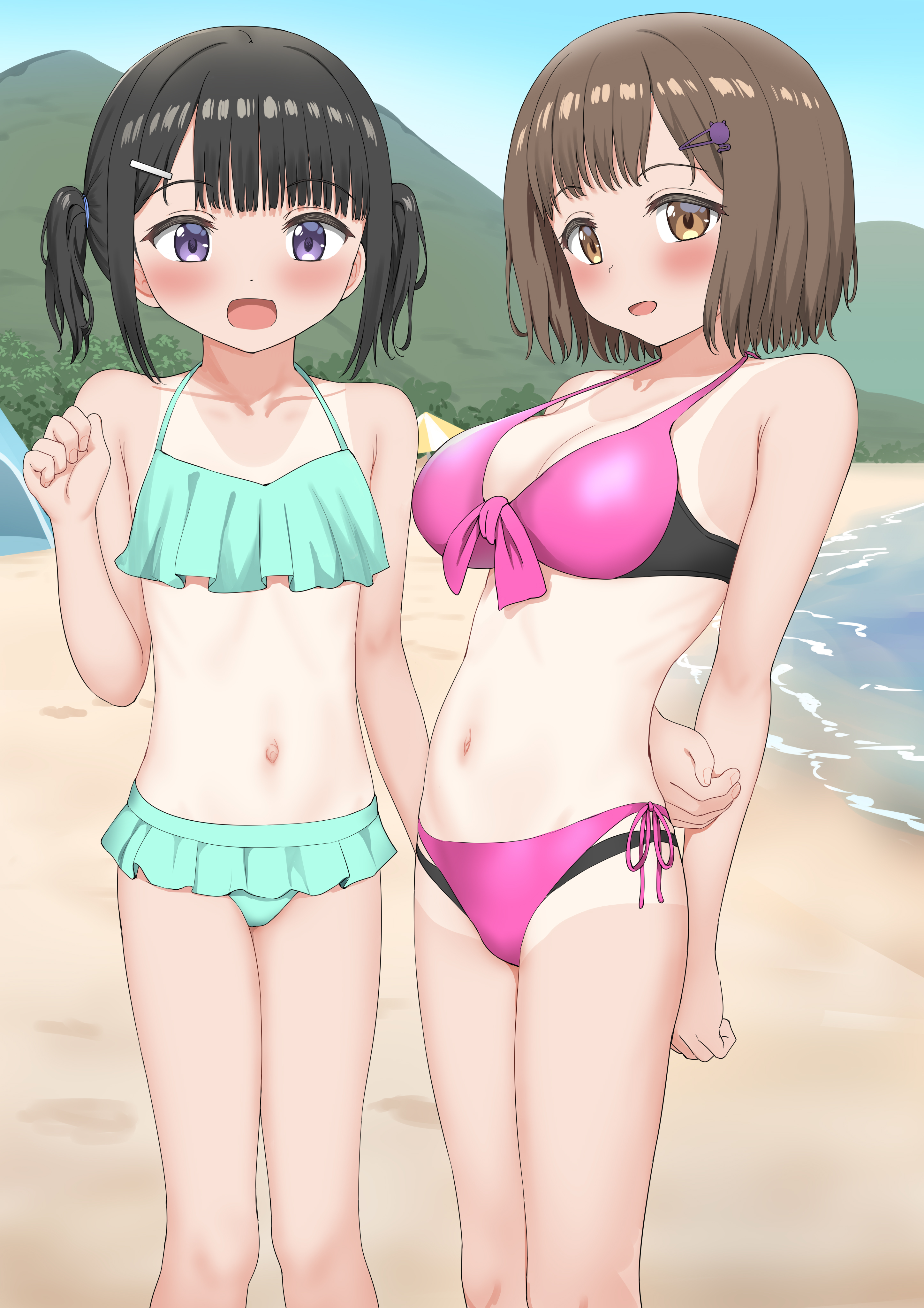 nedia (nedia region), original, absurdres, highres, 2girls, beach, bikini, black hair, breasts, brown eyes, brown hair, day, flat chest, hair ornament, hairclip, large breasts, multiple girls, navel, one-piece tan, open mouth, outdoors, pink bikini, purple eyes, short hair, side-tie bikini bottom, swimsuit, tan, tanline, twintails