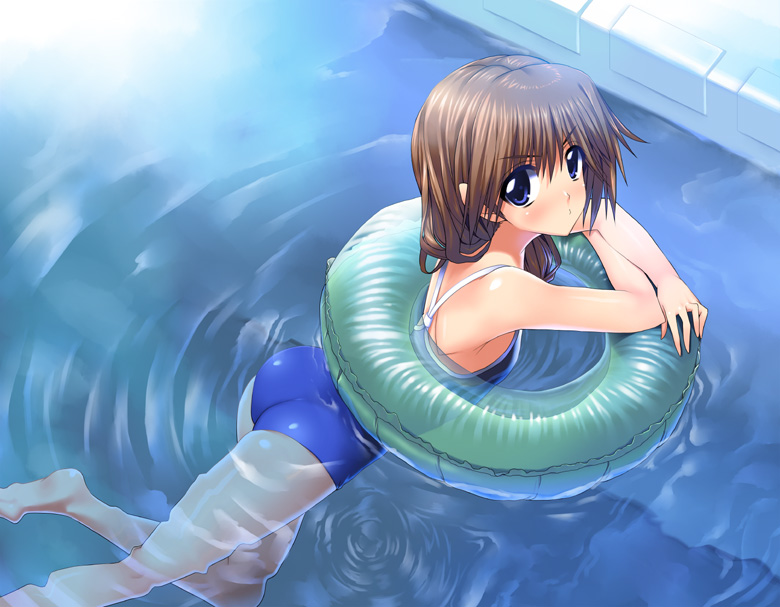 suzume inui, komaki ikuno, to heart (series), to heart 2, 00s, 1girl, afloat, ass, barefoot, blue eyes, blue one-piece swimsuit, blush, brown hair, female focus, from above, innertube, looking up, o3o, one-piece swimsuit, partially submerged, pool, pout, ripples, school swimsuit, solo, swim ring, swimsuit, water