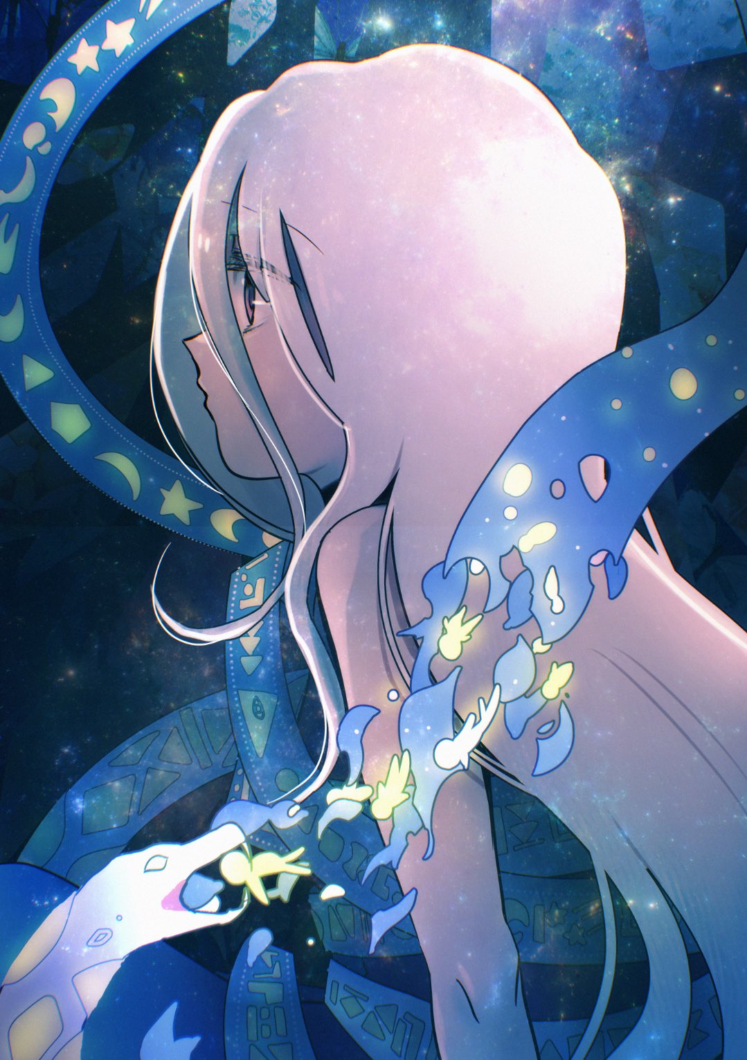 hanada hyou, yuiman asama, touhou, commentary request, highres, 1girl, bare shoulders, black dress, blue background, blue ribbon, breaking, crescent, dress, eating, expressionless, grey hair, light particles, long hair, patterned clothing, pentagon (shape), profile, purple eyes, ribbon, ribbon around body, sitting, snake, solo, star (symbol), triangle