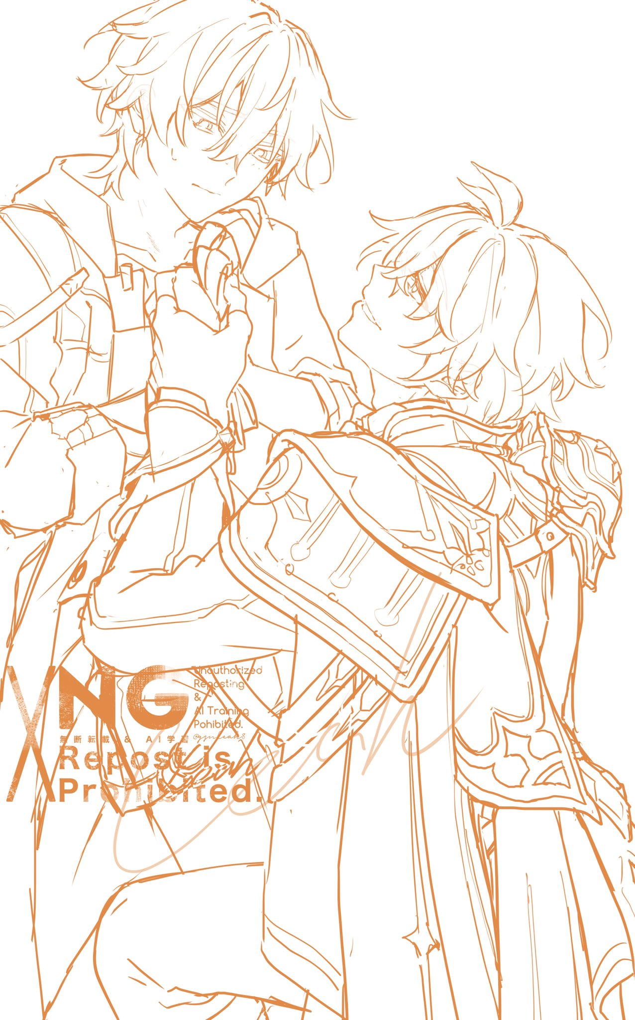 gsnleah8, caelus (honkai: star rail), phainon (honkai: star rail), trailblazer (honkai: star rail), honkai: star rail, honkai (series), commentary request, highres, 2boys, antenna hair, arm ribbon, armor, back, cape, closed mouth, coat, fingerless gloves, gloves, hair between eyes, half-closed eyes, hands up, holding hands, hood, hooded coat, jacket, lapels, long sleeves, looking at another, male focus, multiple boys, open clothes, open coat, open mouth, pants, ribbon, shirt, short hair, shoulder armor, simple background, smile, sun symbol, sweatdrop, t-shirt, teeth, yaoi