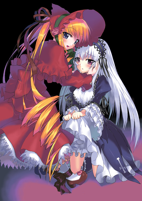 suzume inui, shinku, suigintou, rozen maiden, 00s, 2girls, blonde hair, blue eyes, blush, clothes lift, dress, dress lift, drill hair, flower, frills, gothic lolita, hairband, hat, kneeling, lolita fashion, long hair, multiple girls, purple eyes, rose, smile, twin drills, twintails, very long hair, white hair