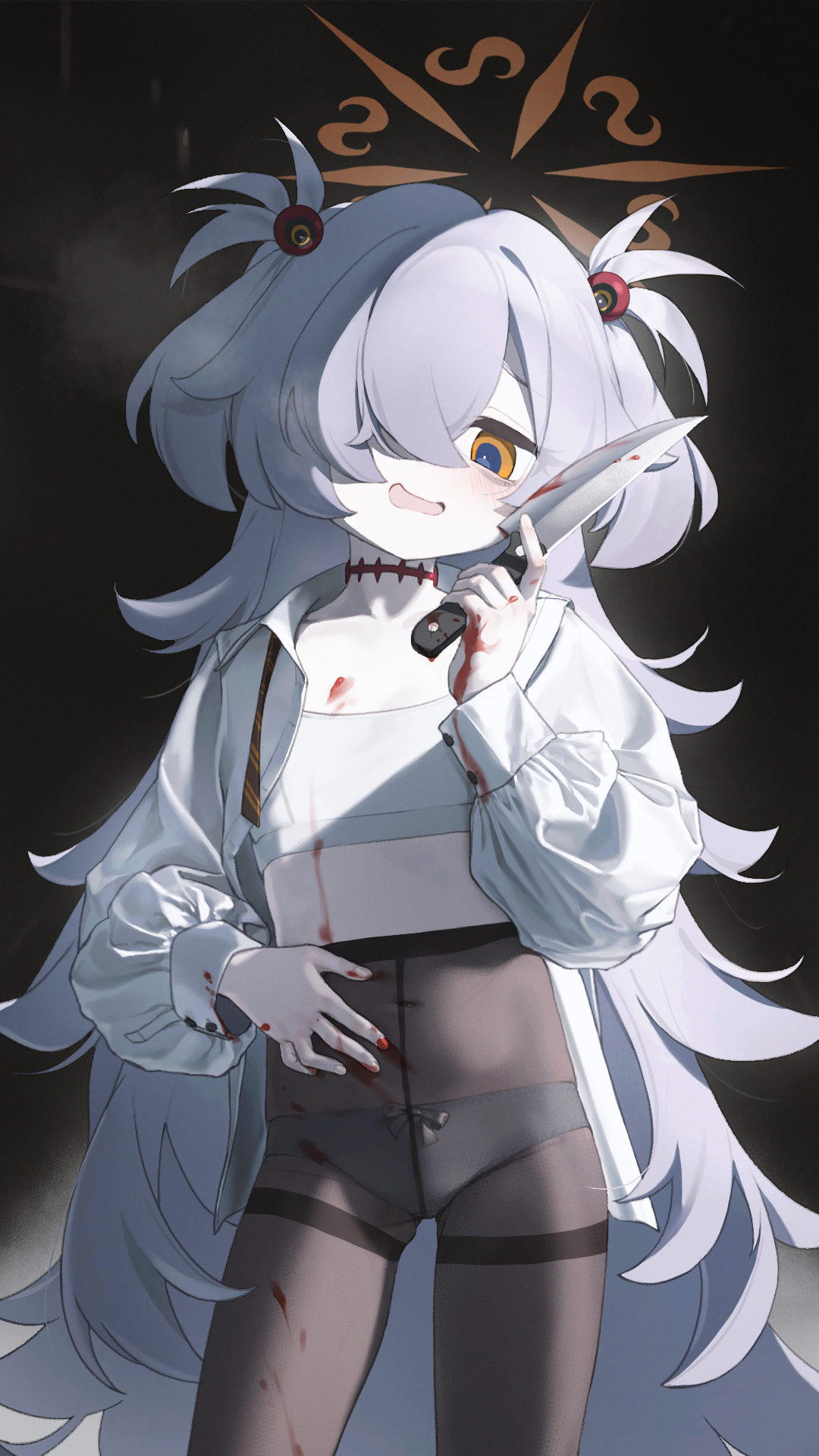 fe (sakura), kanoe (blue archive), blue archive, highres, 1girl, bags under eyes, black background, black pantyhose, blood, blood on clothes, bloody knife, bra, choker, collared shirt, cowboy shot, hair bobbles, hair ornament, hair over one eye, halo, holding, holding knife, holding weapon, knife, long hair, open clothes, open mouth, open shirt, orange eyes, orange halo, panties, panties under pantyhose, pantyhose, red choker, shirt, solo, two side up, underwear, weapon, white bra, white hair, white panties, white shirt