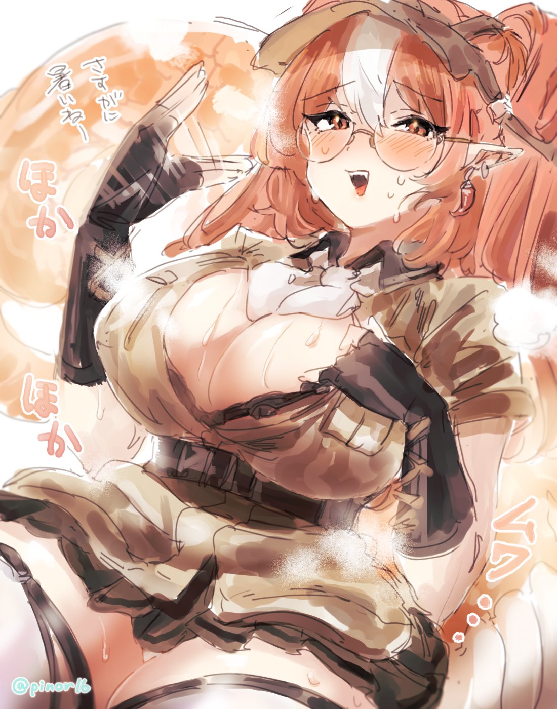 misago33695466, wulfenite (arknights), arknights, highres, 1girl, ascot, belt, black belt, black gloves, black skirt, blush, breasts, brown jacket, camouflage, camouflage jacket, chili pepper earrings, cowboy shot, curvy, double-parted bangs, fingerless gloves, gloves, jacket, large breasts, long hair, long tail, multicolored hair, open clothes, open jacket, open mouth, orange eyes, orange hair, orange tail, pleated skirt, pointy ears, reptile girl, round eyewear, sidelocks, simple background, skirt, snake tail, solo, sweat, tail, teeth, thighhighs, twintails, two-tone hair, upper teeth only, visor cap, white ascot, white background, white hair, white thighhighs