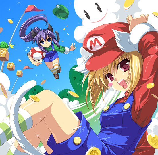 riv (rivleaf), luigi, mario, mario (series), nintendo, super mario bros. 1, striped legwear, 2girls, ? block, animal ears, blonde hair, blue eyes, blue hair, blush, cat ears, cat tail, cloud, coin, cosplay, costume, day, genderswap, genderswap (mtf), happy, hat, long hair, luigi (cosplay), mario (cosplay), money, multiple girls, mushroom, pink eyes, ponytail, purple hair, red eyes, short hair, sky, smile, striped clothes, striped thighhighs, super mushroom, tail, thighhighs