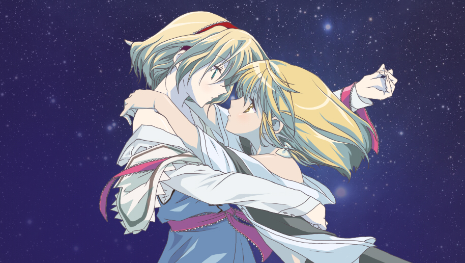 torinone, alice margatroid, kirisame marisa, kannazuki no miko, touhou, bad id, bad pixiv id, 2girls, arms around neck, bare shoulders, blonde hair, blue eyes, capelet, eye contact, female focus, hair ribbon, hairband, hug, imminent kiss, looking at another, miko embrace, multiple girls, off shoulder, parody, ribbon, short hair, yellow eyes, yuri