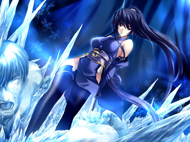 onigirikun, subaru (choukou sennin haruka), choukou (alicesoft), choukou sennin haruka, game cg, 00s, 1girl, blue hair, crystal, elbow gloves, female focus, gloves, ice, long hair, ninja, no panties, ponytail, red eyes, solo, thighhighs