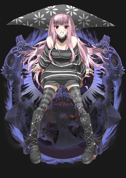 suzume inui, original, bare shoulders, legs, pink hair, red eyes, solo, thighhighs