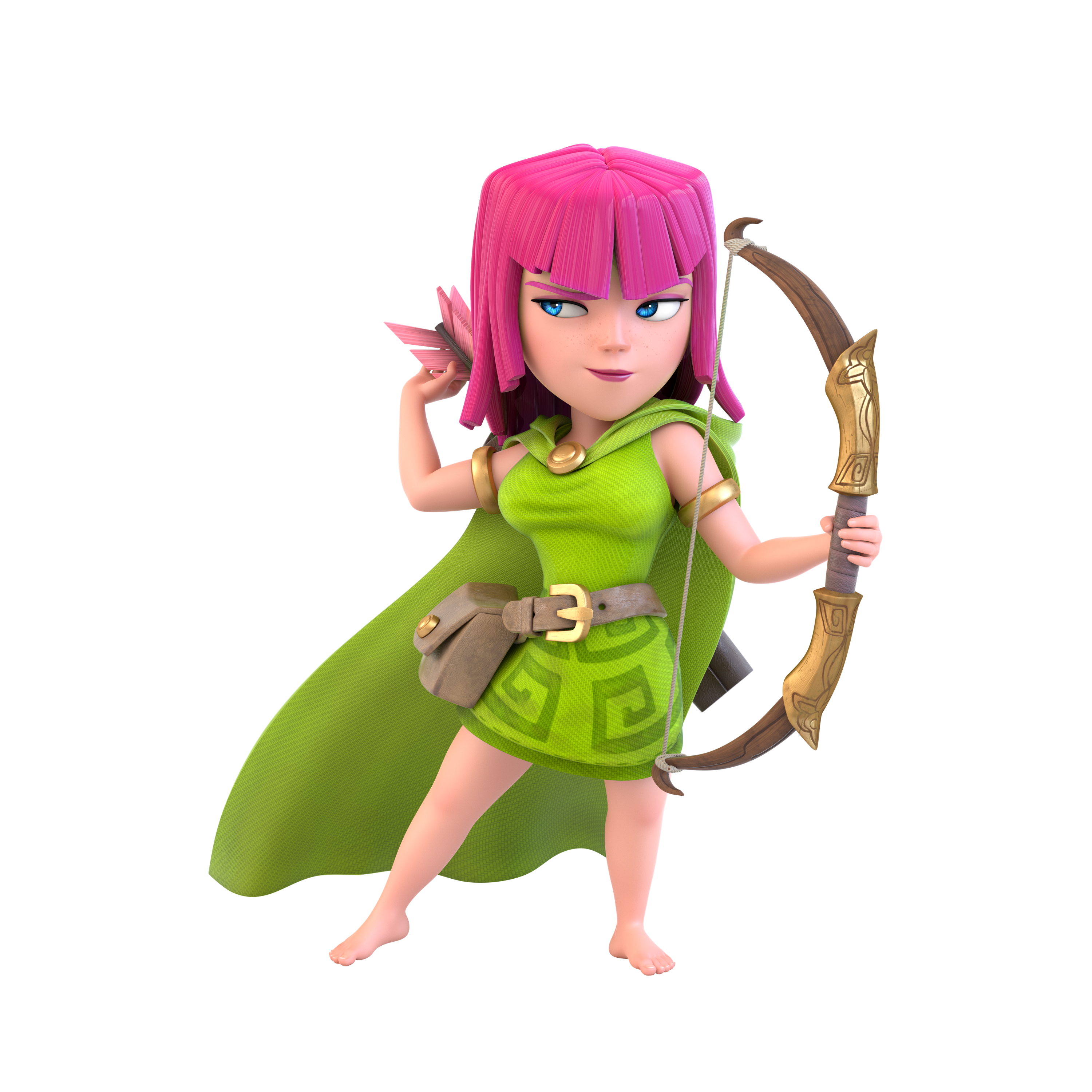 archer (clash of clans), clash of clans, gold armlet, absurdres, highres, non-web source, official art, 1girl, 3d, barefoot, belt, belt pouch, blue eyes, breasts, brown belt, cape, dress, full body, green cape, green dress, looking to the side, medium breasts, pink hair, pouch, simple background, transparent background