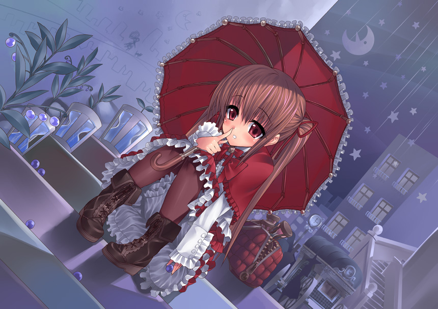 suzume inui, boots, brown hair, brown pantyhose, dress, lolita fashion, pantyhose, pigeon-toed, red eyes, red hair, ribbon, solo, squatting, star (symbol), twintails, umbrella