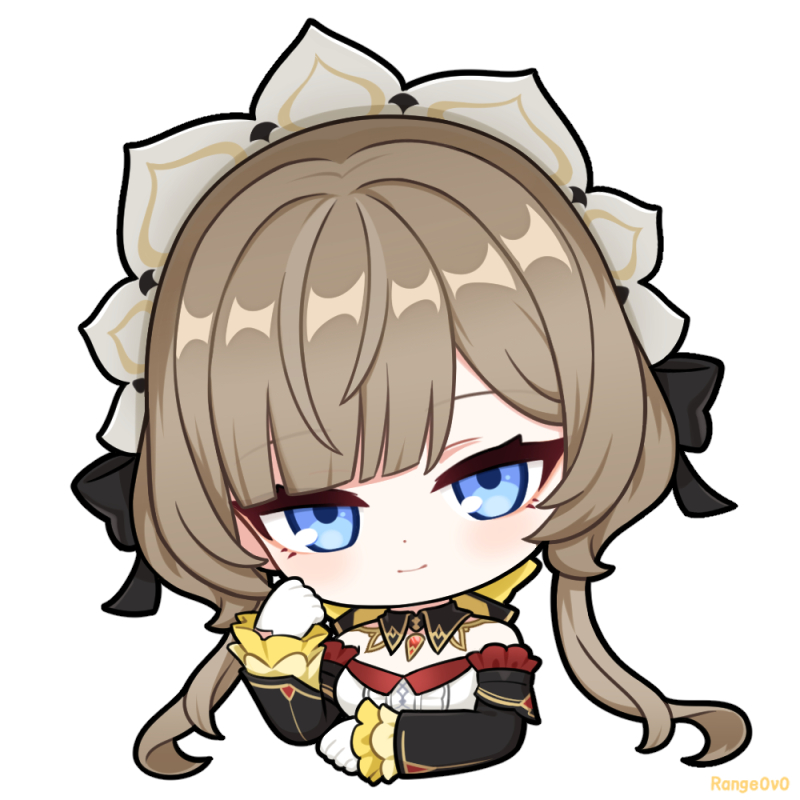 jiu fanglianhua, sandrone (genshin impact), genshin impact, 1girl, artist name, black collar, black sleeves, blue eyes, blunt bangs, brown hair, closed mouth, collar, cropped torso, detached collar, detached sleeves, dress, eyelashes, frilled sleeves, frills, gem, gloves, gold trim, hand up, long sidelocks, looking at viewer, red gemstone, short hair, short hair with long locks, sidelocks, smile, solo, strapless, strapless dress, swept bangs, tsurime, white background, white dress, white gloves, white headdress