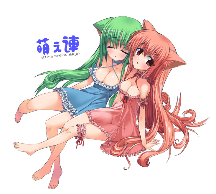 suzume inui, moe (moeren), ren (moeren), moeren, 2girls, animal ears, breasts, cat ears, cat girl, cleavage, female focus, frilled thigh strap, green hair, large breasts, long hair, multiple girls, pink hair, simple background, thigh strap, white background